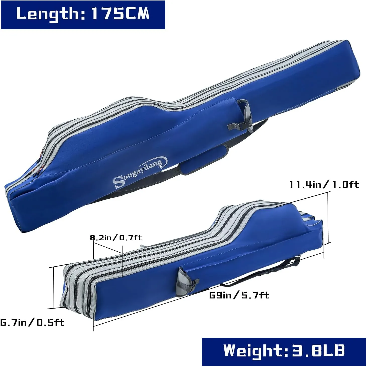 Sougayilang Fishing Rod Bag - 3 Layer Organizer Case for Travel - 170cm/69in