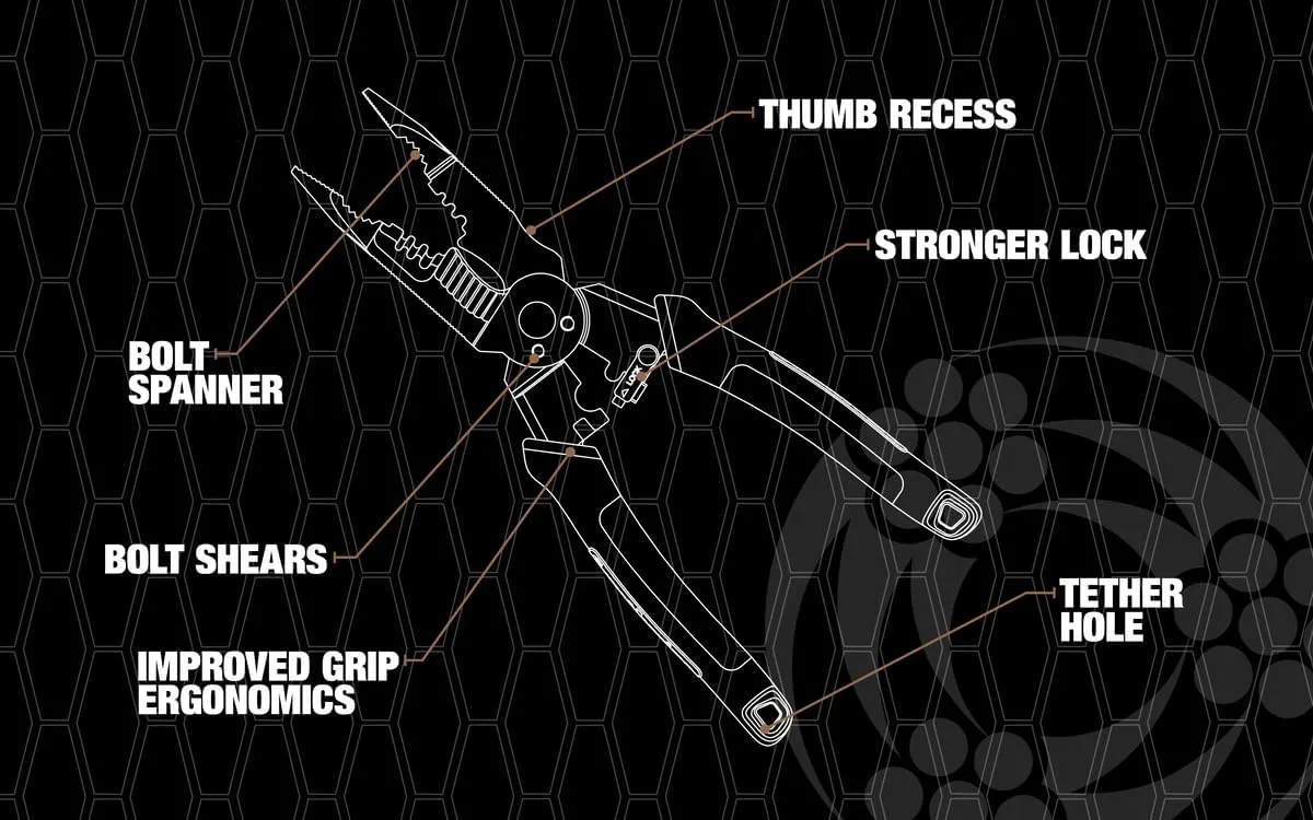 Southwire S7N1HD 7-In-1 Multi-Tool Plier: Shears 6-32 & 8-32 Bolts; Grips; Strips 10-14 AWG SOL & 12-16 AWG STR; Bolt spanner; Bolt shears; Crimper; Reamer; Heavy Duty Forged Steel