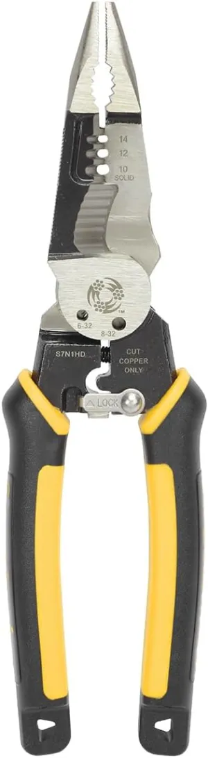 Southwire S7N1HD 7-In-1 Multi-Tool Plier: Shears 6-32 & 8-32 Bolts; Grips; Strips 10-14 AWG SOL & 12-16 AWG STR; Bolt spanner; Bolt shears; Crimper; Reamer; Heavy Duty Forged Steel