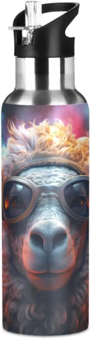 Space Art Cool Sheep Sport Water Bottle Insulated Stainless Steel Large Vacuum Flask Leak Proof Thermos with Straw for Travel(600ml/1000ml)