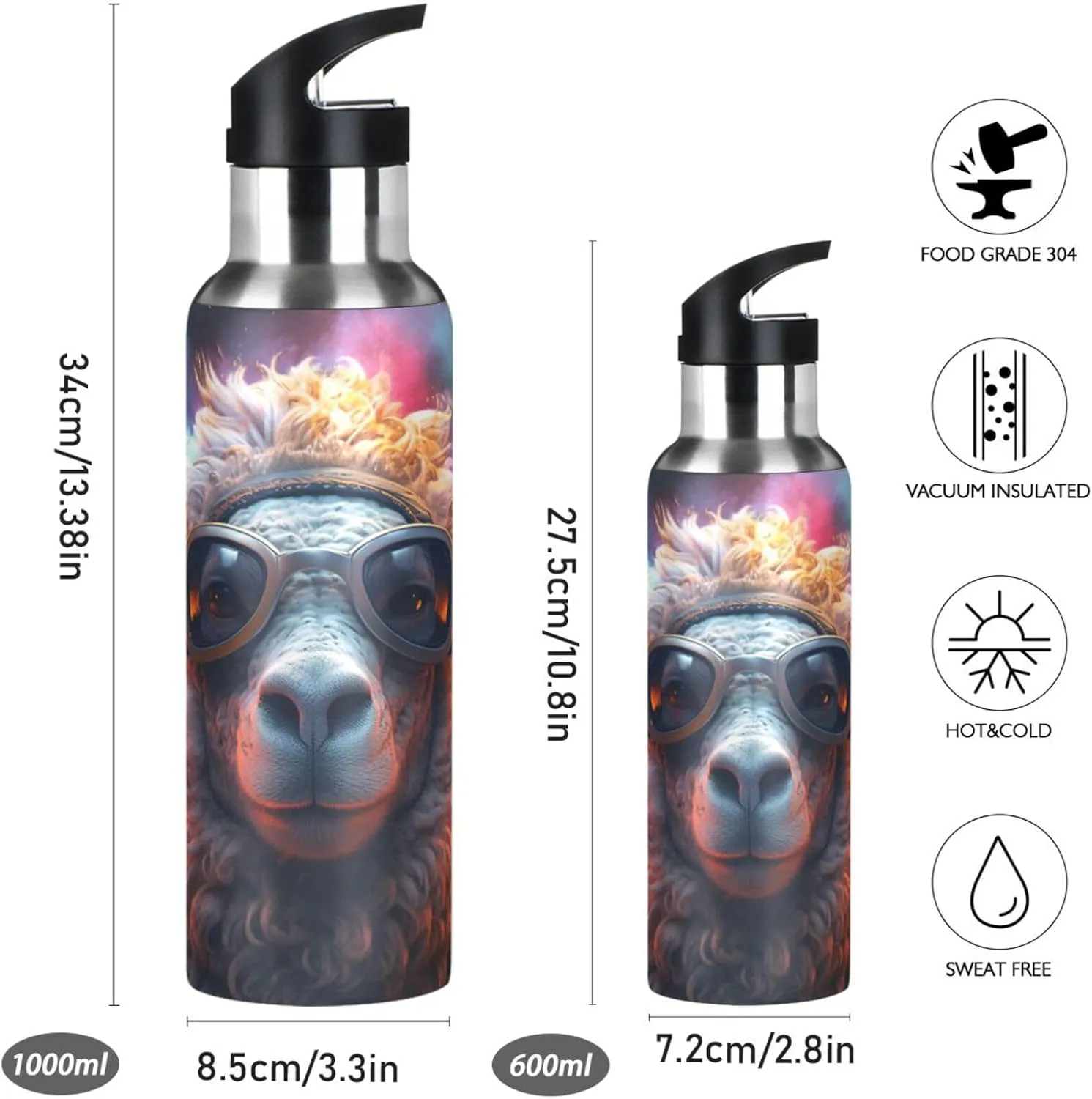 Space Art Cool Sheep Sport Water Bottle Insulated Stainless Steel Large Vacuum Flask Leak Proof Thermos with Straw for Travel(600ml/1000ml)
