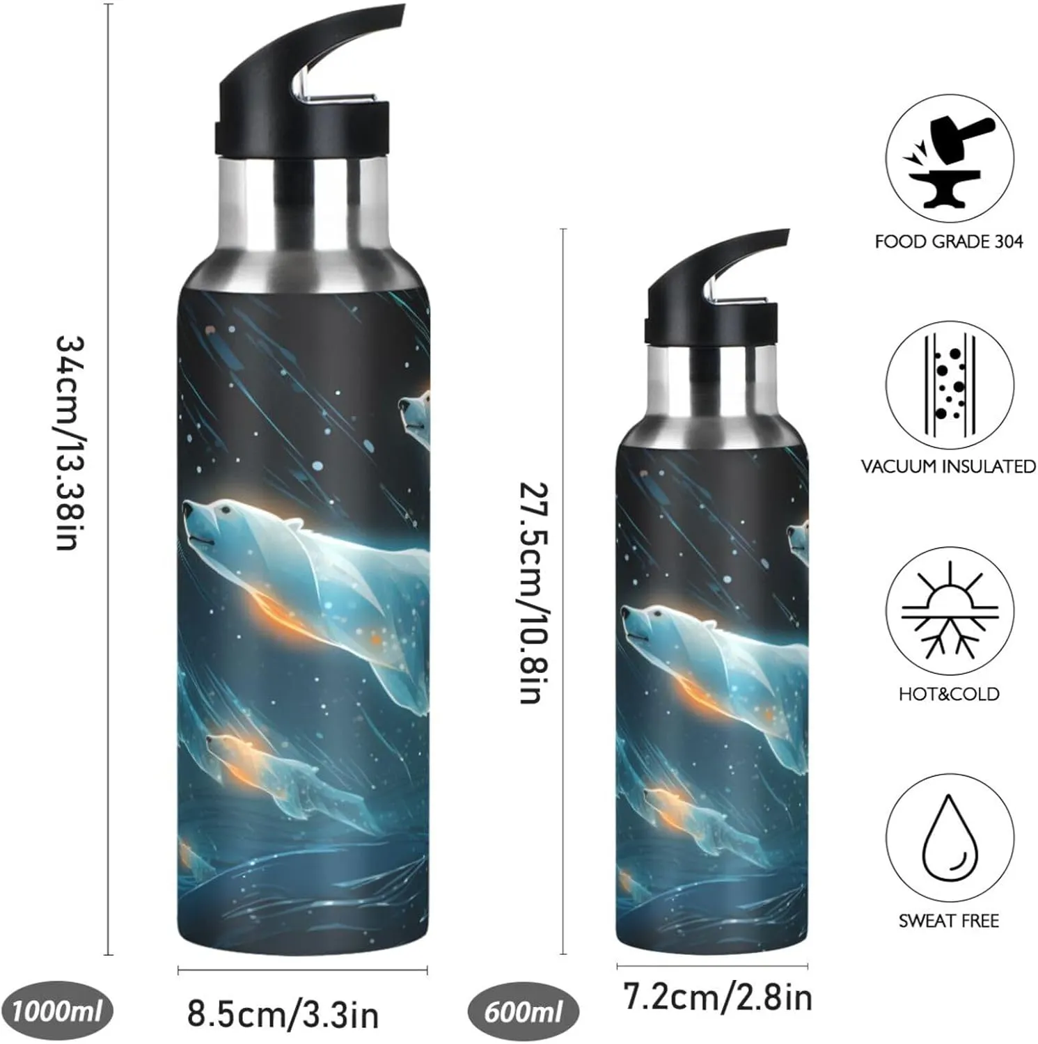 Space Star Art Polar Bears Sport Water Bottle Insulated Stainless Steel Large Vacuum Flask Leak Proof Thermos with Straw for Travel(600ml/1000ml)