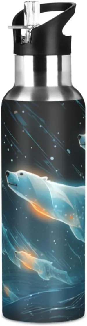 Space Star Art Polar Bears Sport Water Bottle Insulated Stainless Steel Large Vacuum Flask Leak Proof Thermos with Straw for Travel(600ml/1000ml)