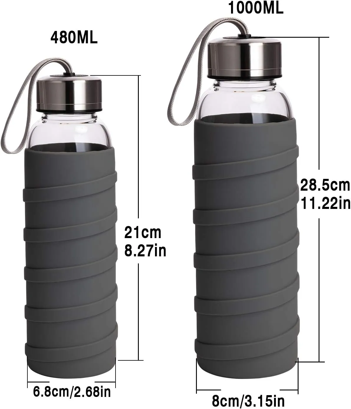 Sports Glass Water Bottle with Silicone Sleeve 16 oz / 32 oz