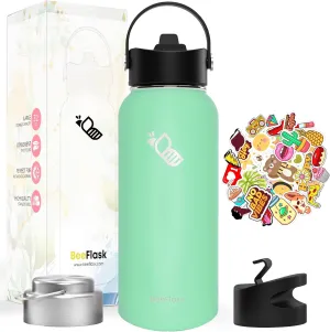 Sports Water Bottle - 32 Oz, 3 Lids (With straw), 50 Cute Stickers, Vacuum Insulated, 308 Stainless Steel, with a Portion of Sales Supporting Bee Conservation Efforts (Mint Green)