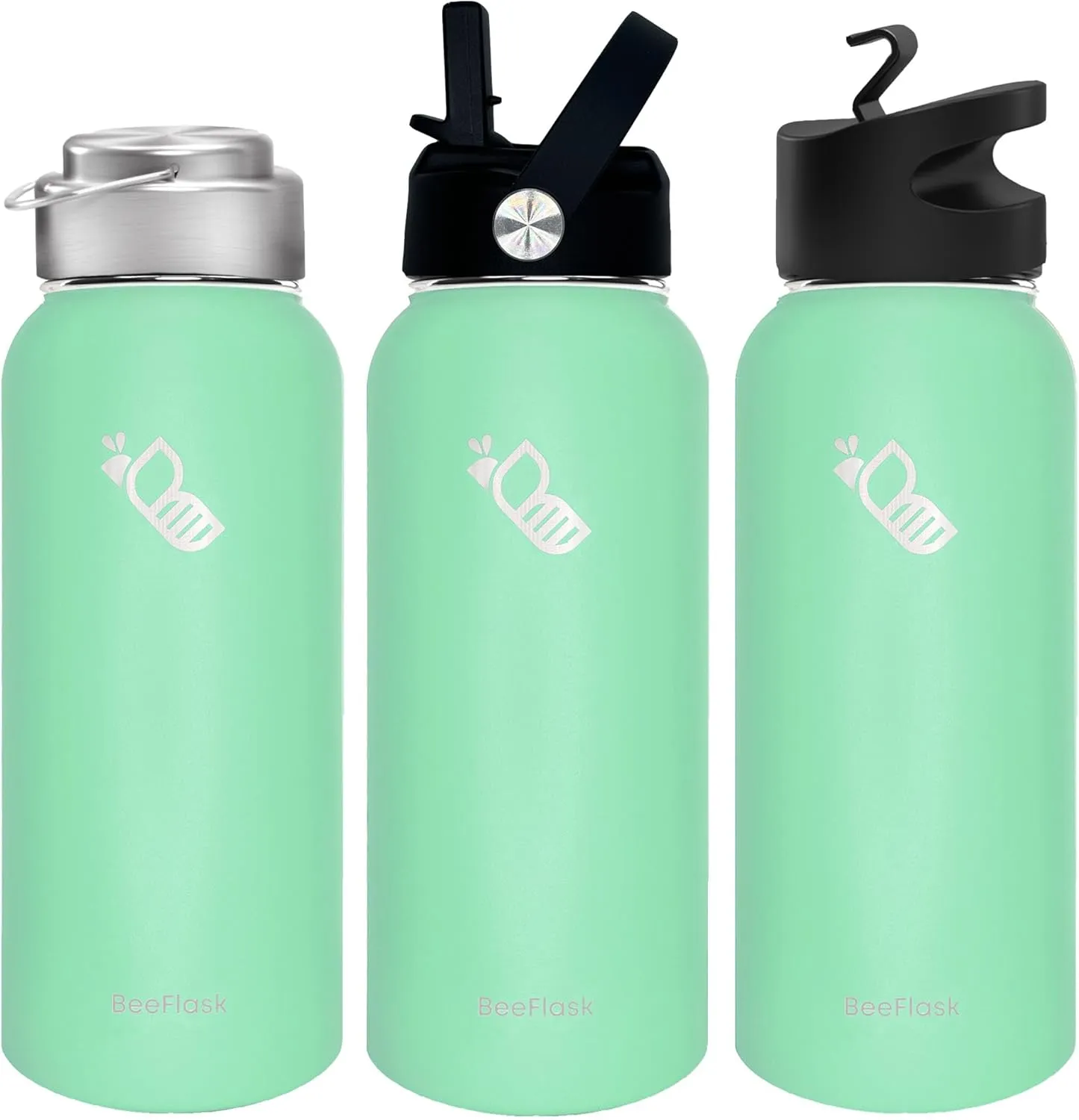 Sports Water Bottle - 32 Oz, 3 Lids (With straw), 50 Cute Stickers, Vacuum Insulated, 308 Stainless Steel, with a Portion of Sales Supporting Bee Conservation Efforts (Mint Green)