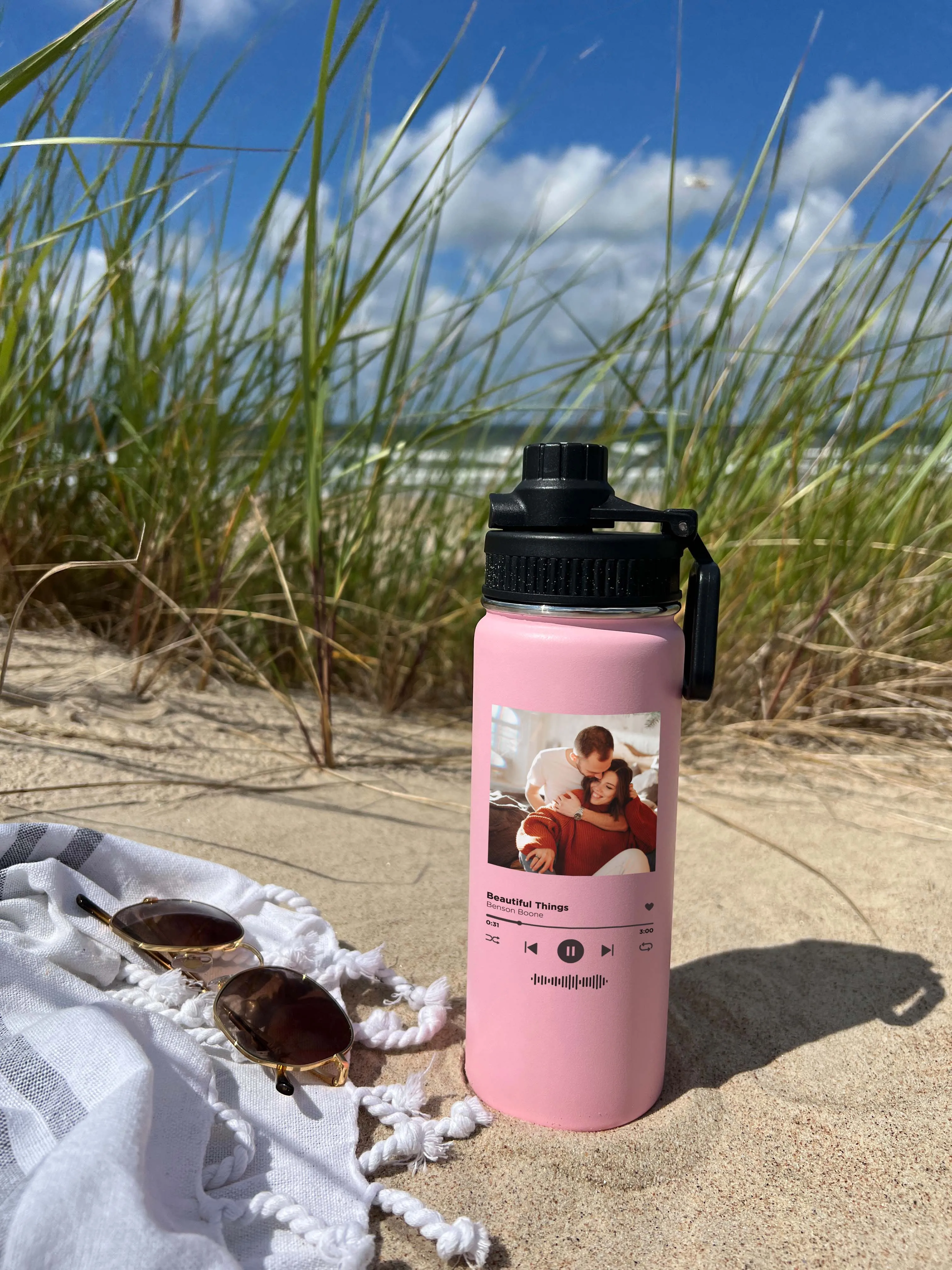 Spotify and Custom Photo Sports Water Bottle 18/32 oz Stainless Steel Insulated Flasks, Custom Water Bottle, Name Bottle, Keeps Cold 24 Hrs