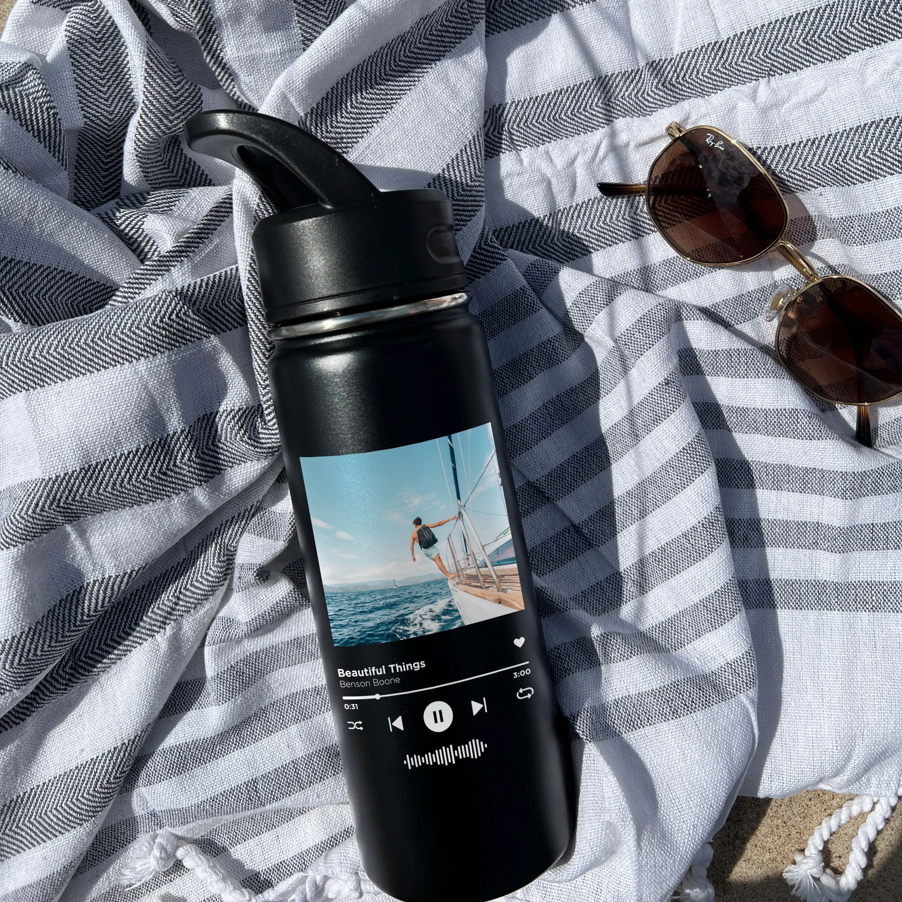 Spotify and Custom Photo Sports Water Bottle 18/32 oz Stainless Steel Insulated Flasks, Custom Water Bottle, Name Bottle, Keeps Cold 24 Hrs