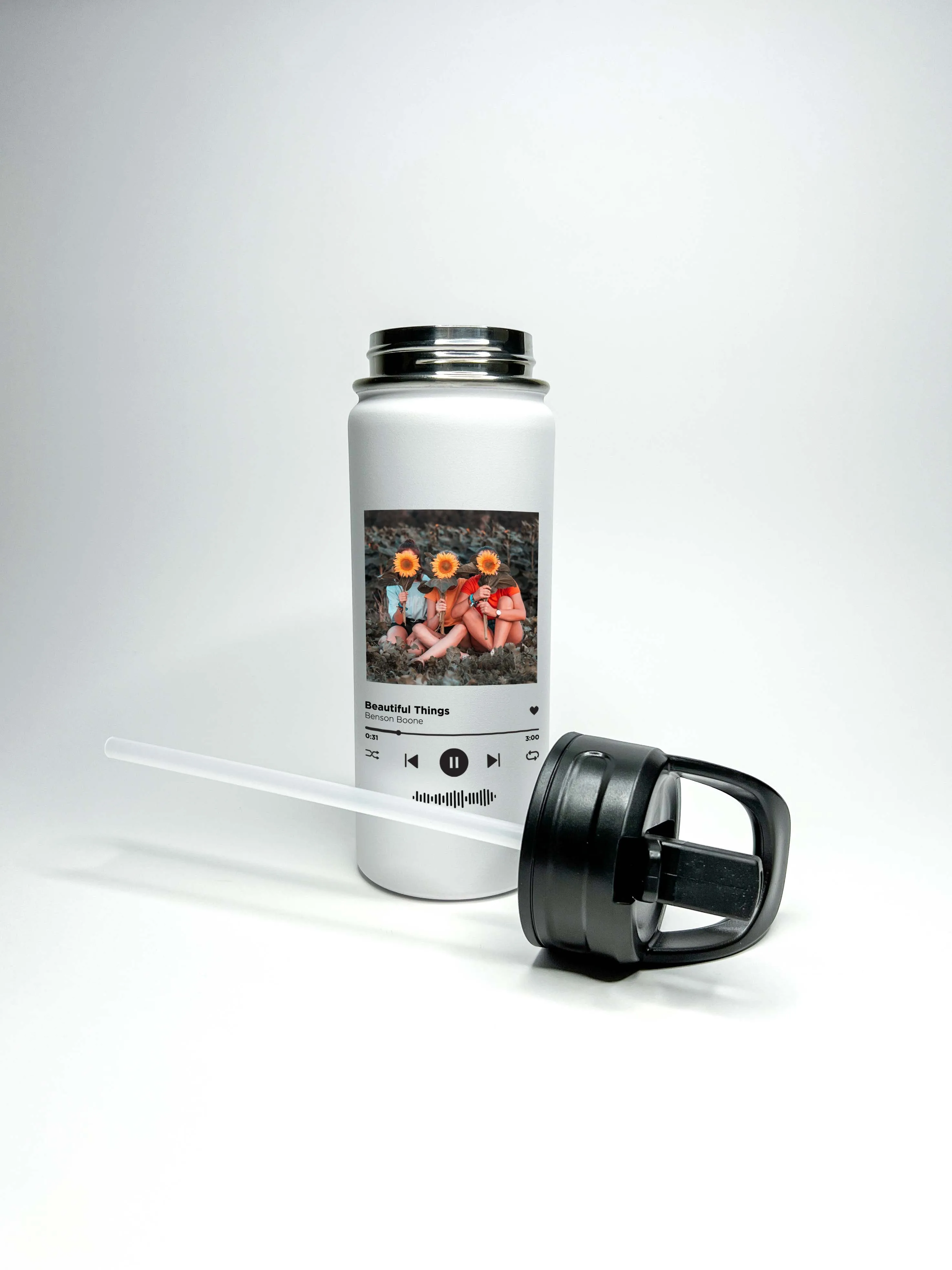 Spotify and Custom Photo Sports Water Bottle 18/32 oz Stainless Steel Insulated Flasks, Custom Water Bottle, Name Bottle, Keeps Cold 24 Hrs
