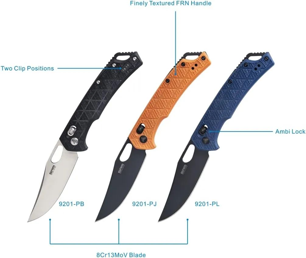 SRM Pocket Folding Knives, Ambidextrous lock, Tool-free Ambidextrous Clip, Stainless Steel Blade, FRN Handle, For Outdoor and EDC Use, 9201-PL…