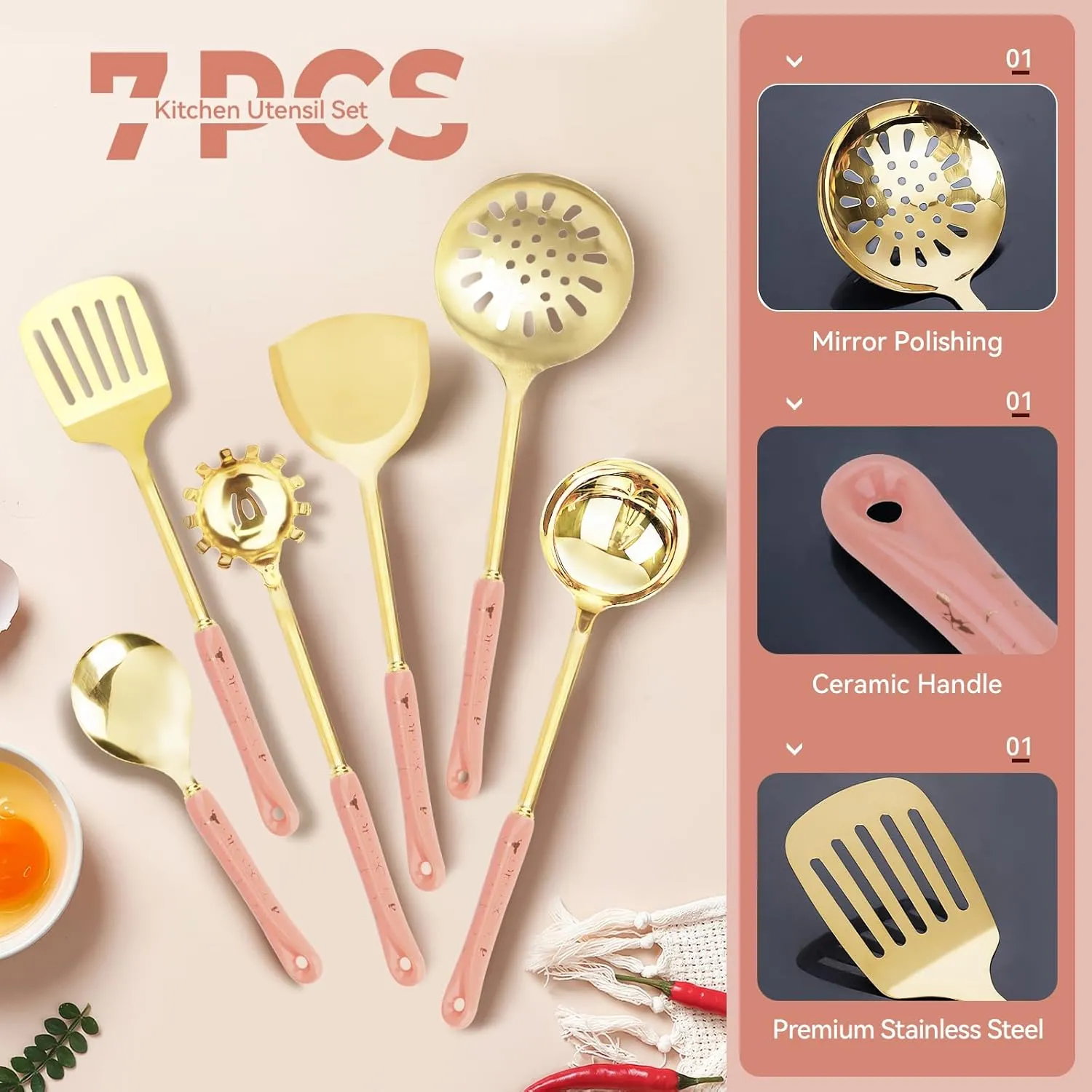 Stainless Steel Kitchen Cooking Utensils Set, 7 Pcs Kitchenware Sets with Hanging Shelf, Gold Cookware Utensils with Ceramic Handle, Heat Resistant Gold Spatula Set Kitchen Accessories (Pink)