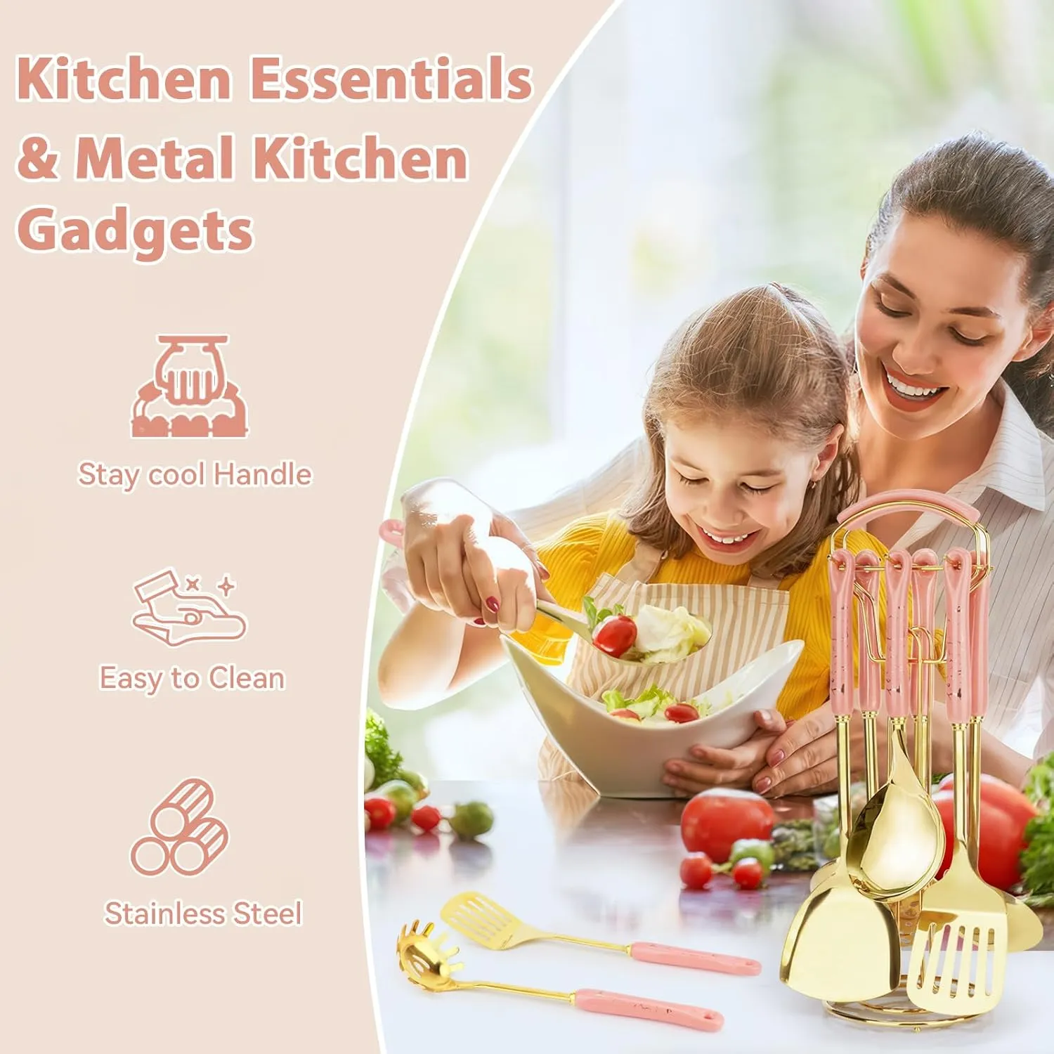 Stainless Steel Kitchen Cooking Utensils Set, 7 Pcs Kitchenware Sets with Hanging Shelf, Gold Cookware Utensils with Ceramic Handle, Heat Resistant Gold Spatula Set Kitchen Accessories (Pink)