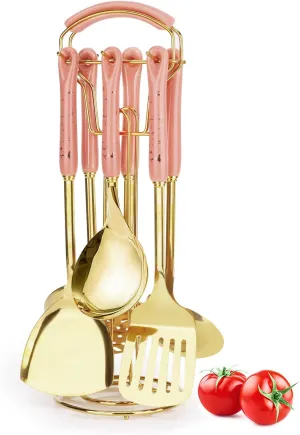 Stainless Steel Kitchen Cooking Utensils Set, 7 Pcs Kitchenware Sets with Hanging Shelf, Gold Cookware Utensils with Ceramic Handle, Heat Resistant Gold Spatula Set Kitchen Accessories (Pink)