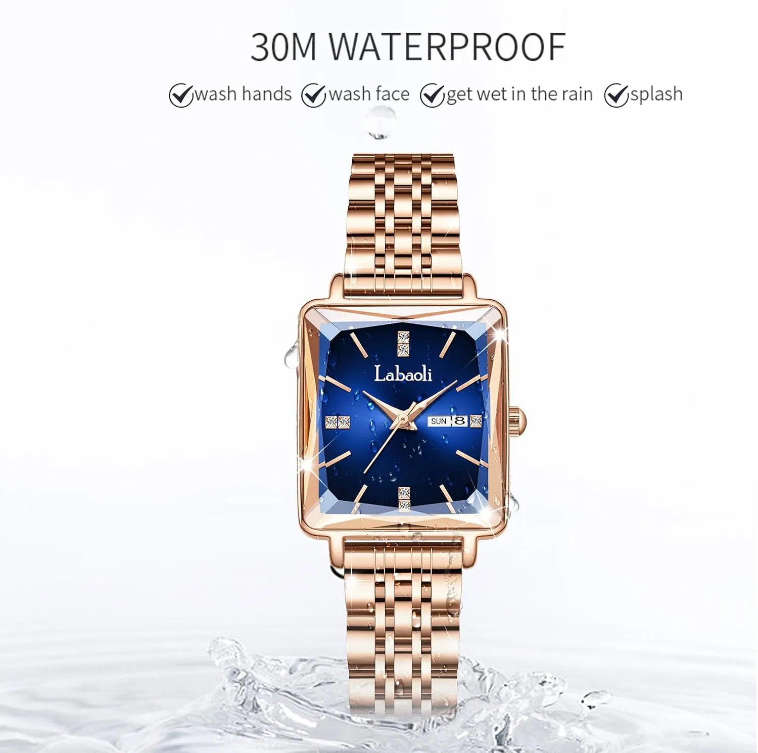 Stainless Steel Rose Gold Diamond Quartz Wristwatch, Fashionable Square Waterproof Date Ladies' Watch