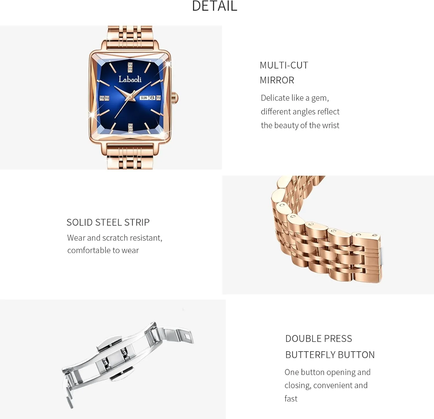 Stainless Steel Rose Gold Diamond Quartz Wristwatch, Fashionable Square Waterproof Date Ladies' Watch