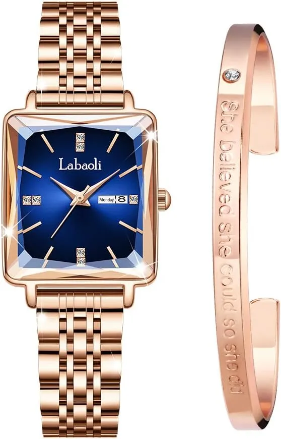 Stainless Steel Rose Gold Diamond Quartz Wristwatch, Fashionable Square Waterproof Date Ladies' Watch