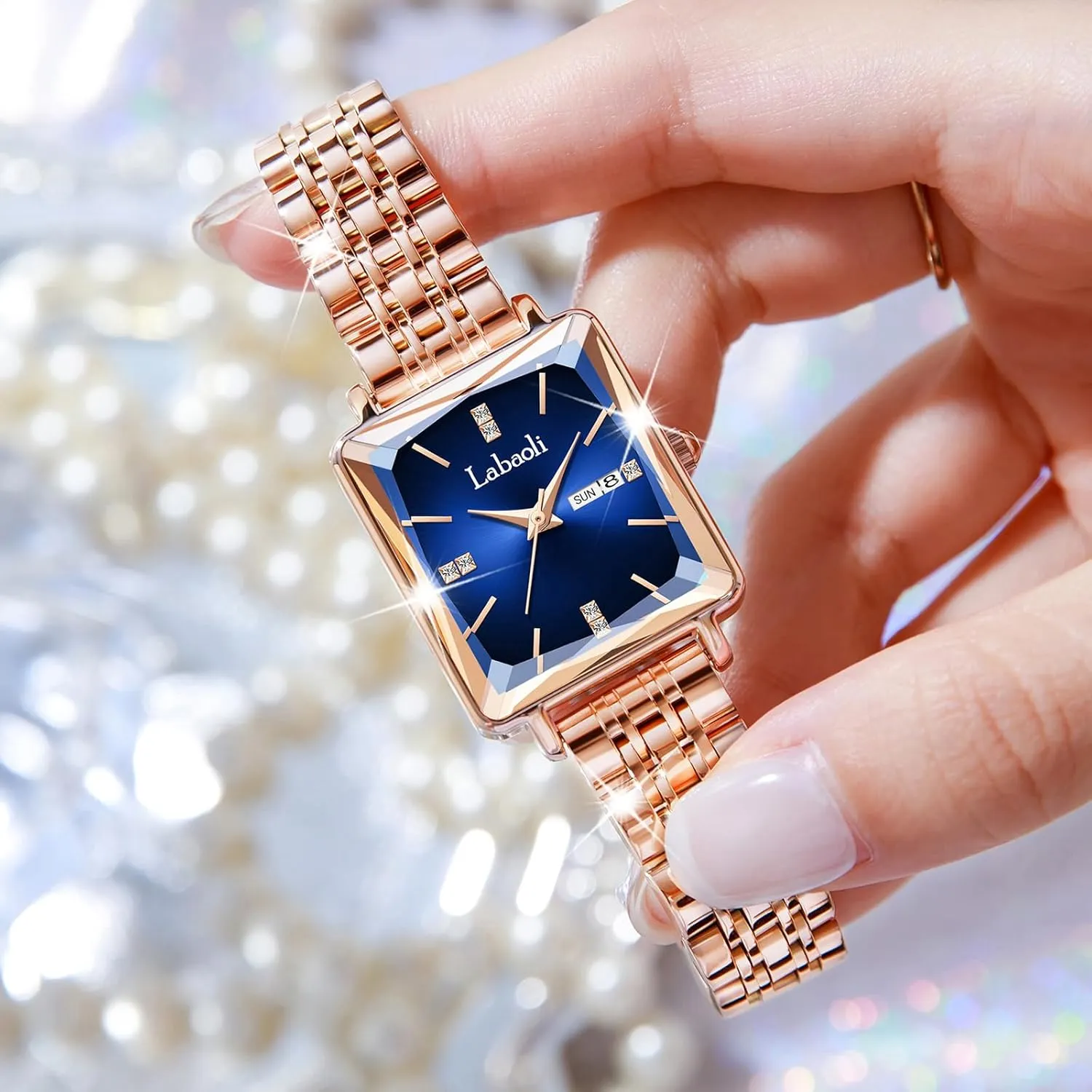 Stainless Steel Rose Gold Diamond Quartz Wristwatch, Fashionable Square Waterproof Date Ladies' Watch