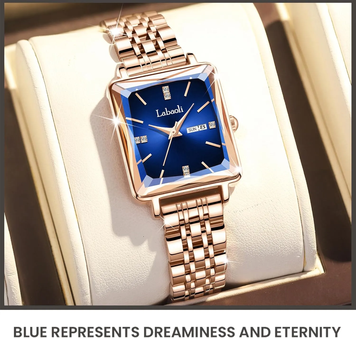 Stainless Steel Rose Gold Diamond Quartz Wristwatch, Fashionable Square Waterproof Date Ladies' Watch