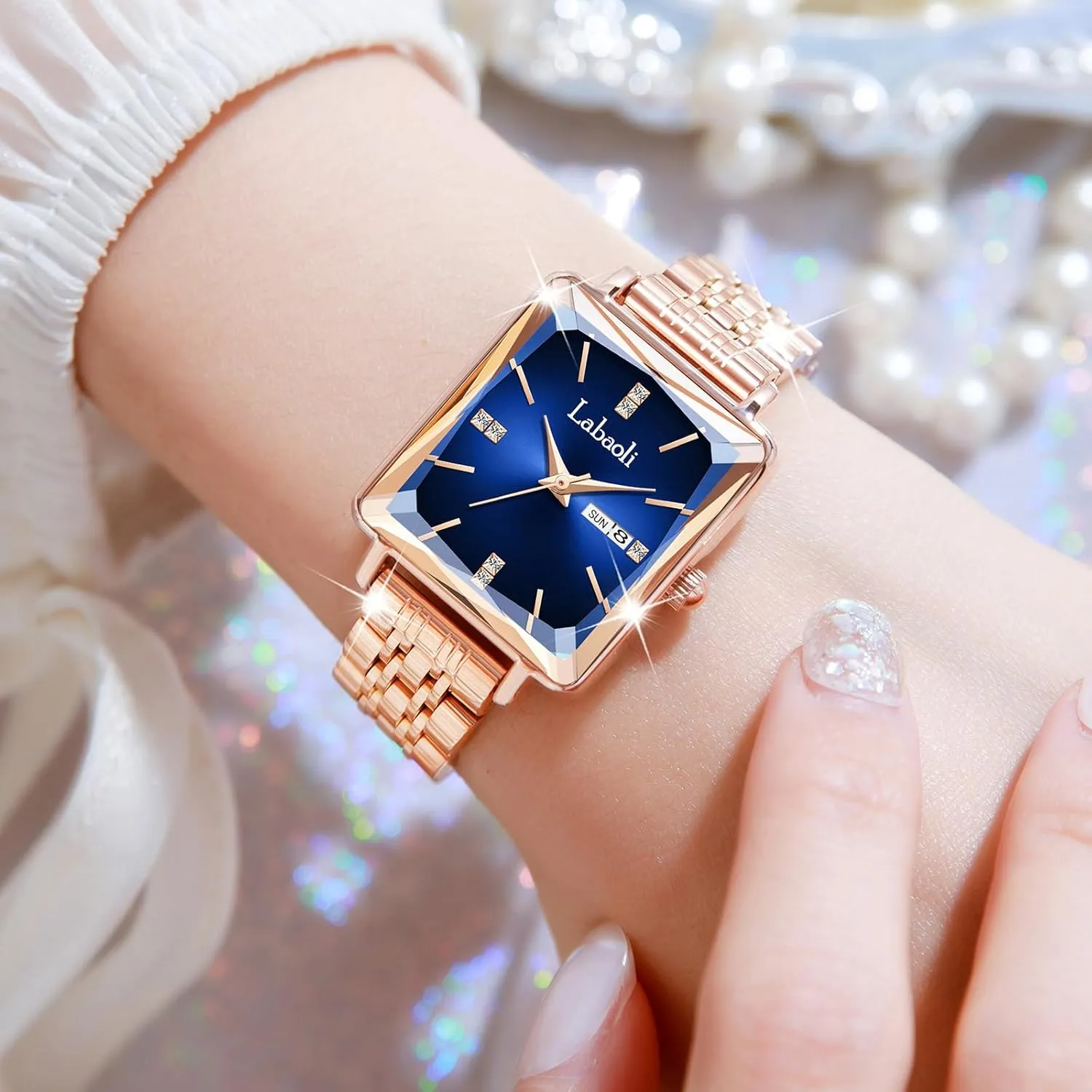 Stainless Steel Rose Gold Diamond Quartz Wristwatch, Fashionable Square Waterproof Date Ladies' Watch