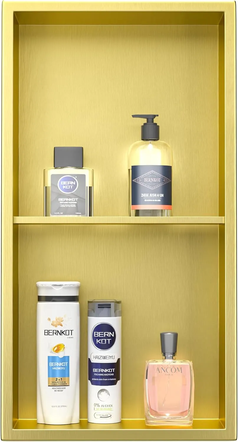 Stainless Steel Shower Niche 24" X 12" Gold No Tile Needed Wall Niche Double Shelves Recessed Shower Shelf for Bathroom Storage Over Mount Installation