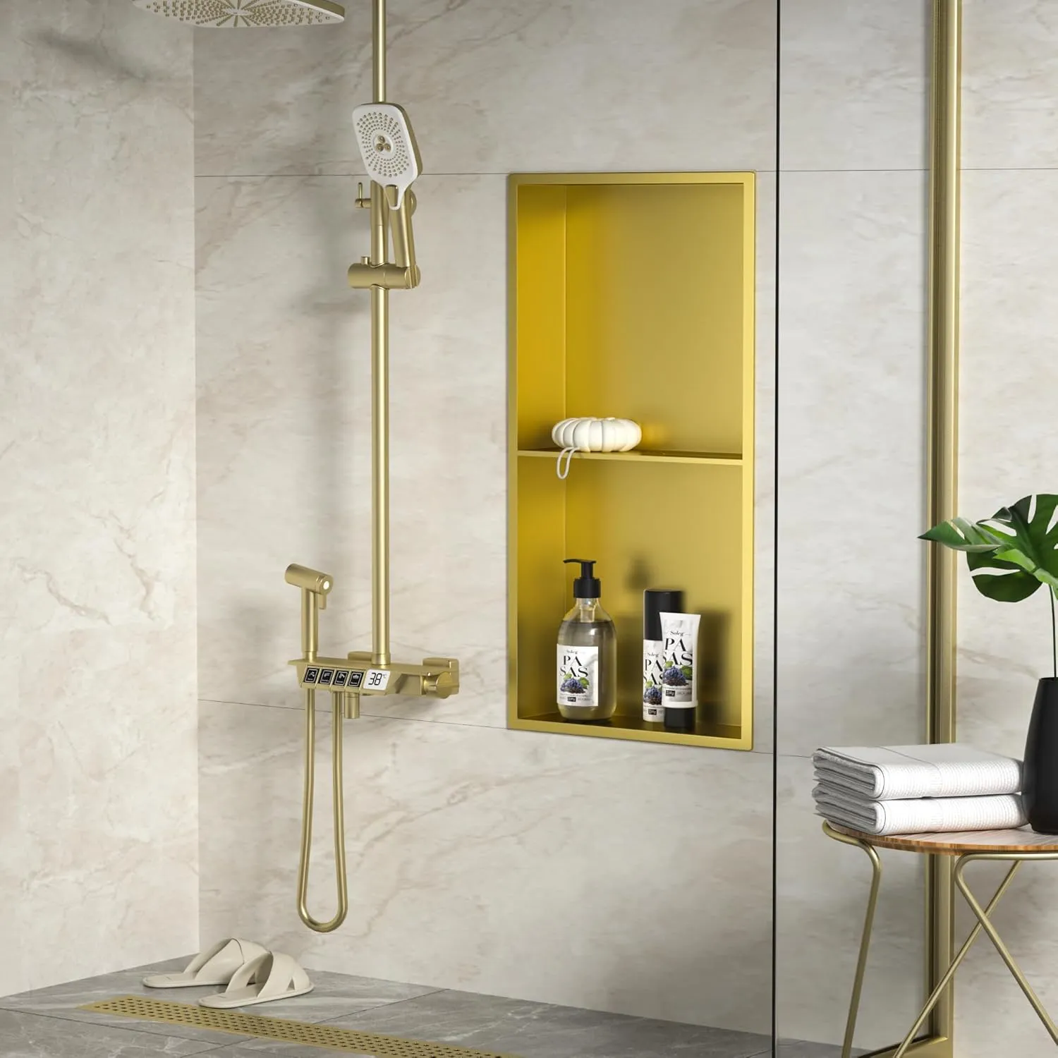 Stainless Steel Shower Niche 24" X 12" Gold No Tile Needed Wall Niche Double Shelves Recessed Shower Shelf for Bathroom Storage Over Mount Installation