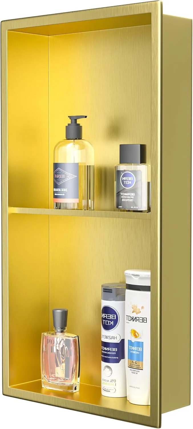 Stainless Steel Shower Niche 24" X 12" Gold No Tile Needed Wall Niche Double Shelves Recessed Shower Shelf for Bathroom Storage Over Mount Installation