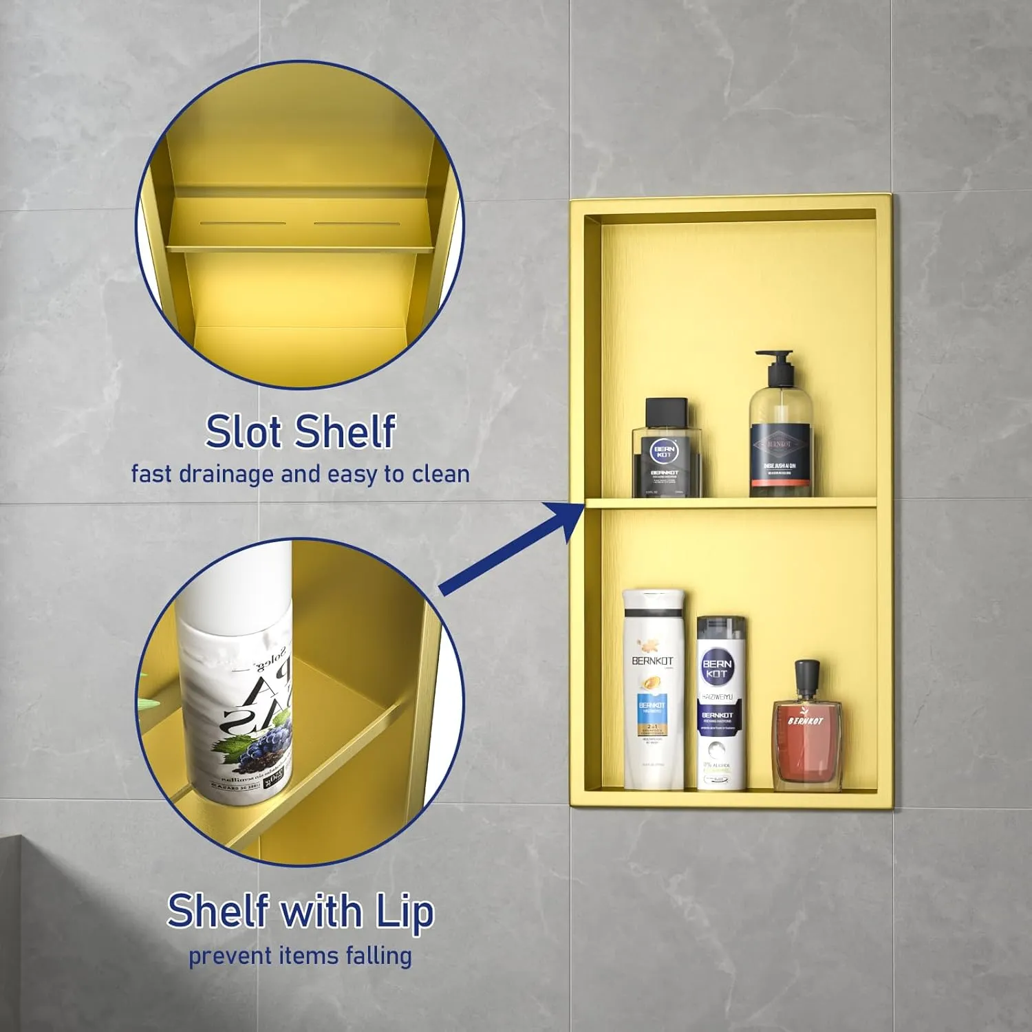 Stainless Steel Shower Niche 24" X 12" Gold No Tile Needed Wall Niche Double Shelves Recessed Shower Shelf for Bathroom Storage Over Mount Installation