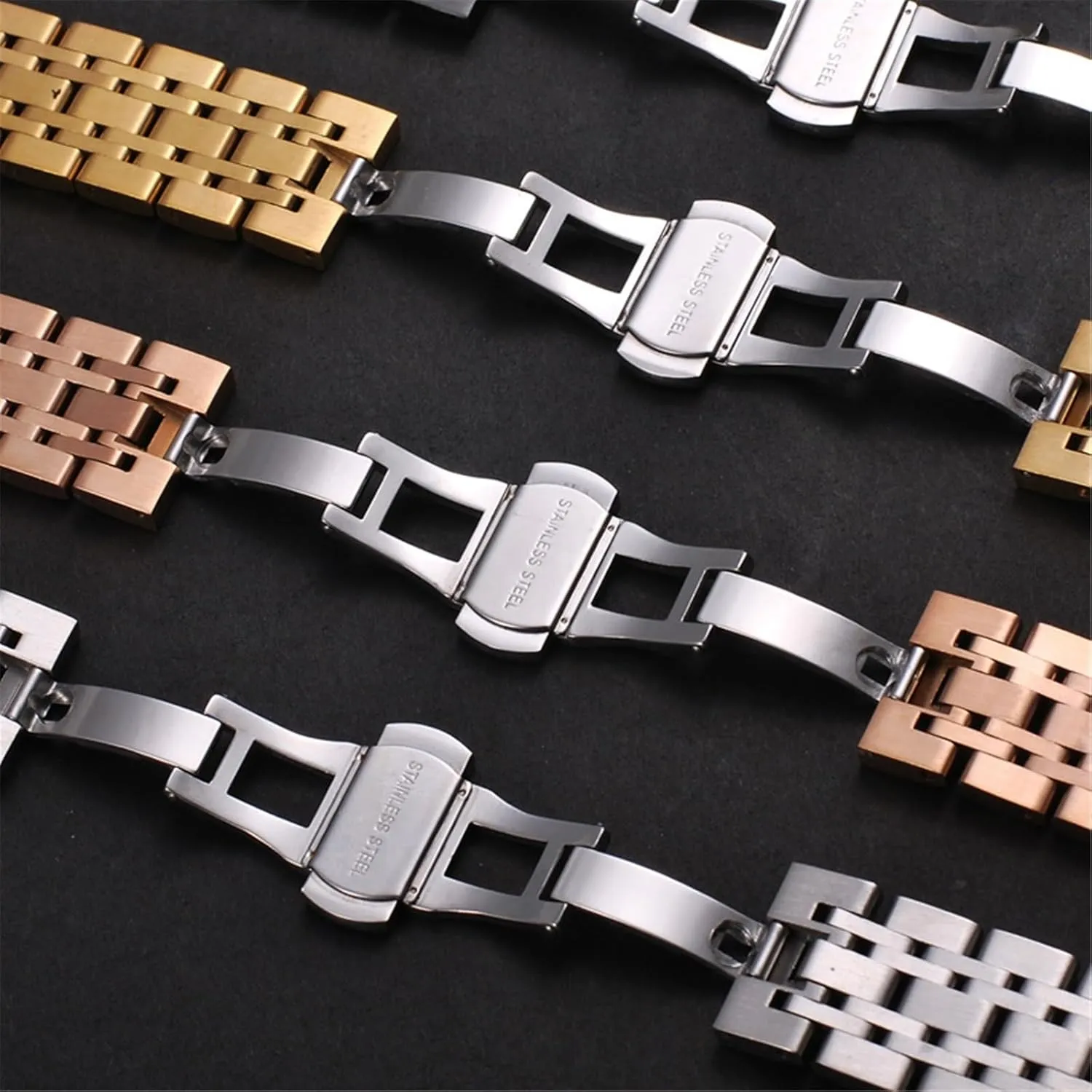 Stainless Steel Strap Silver Black 18mm 20mm Metal Folding Buckle Strap Men Women Watch Bracelet Suitable for Quartz Watch Smart Watch