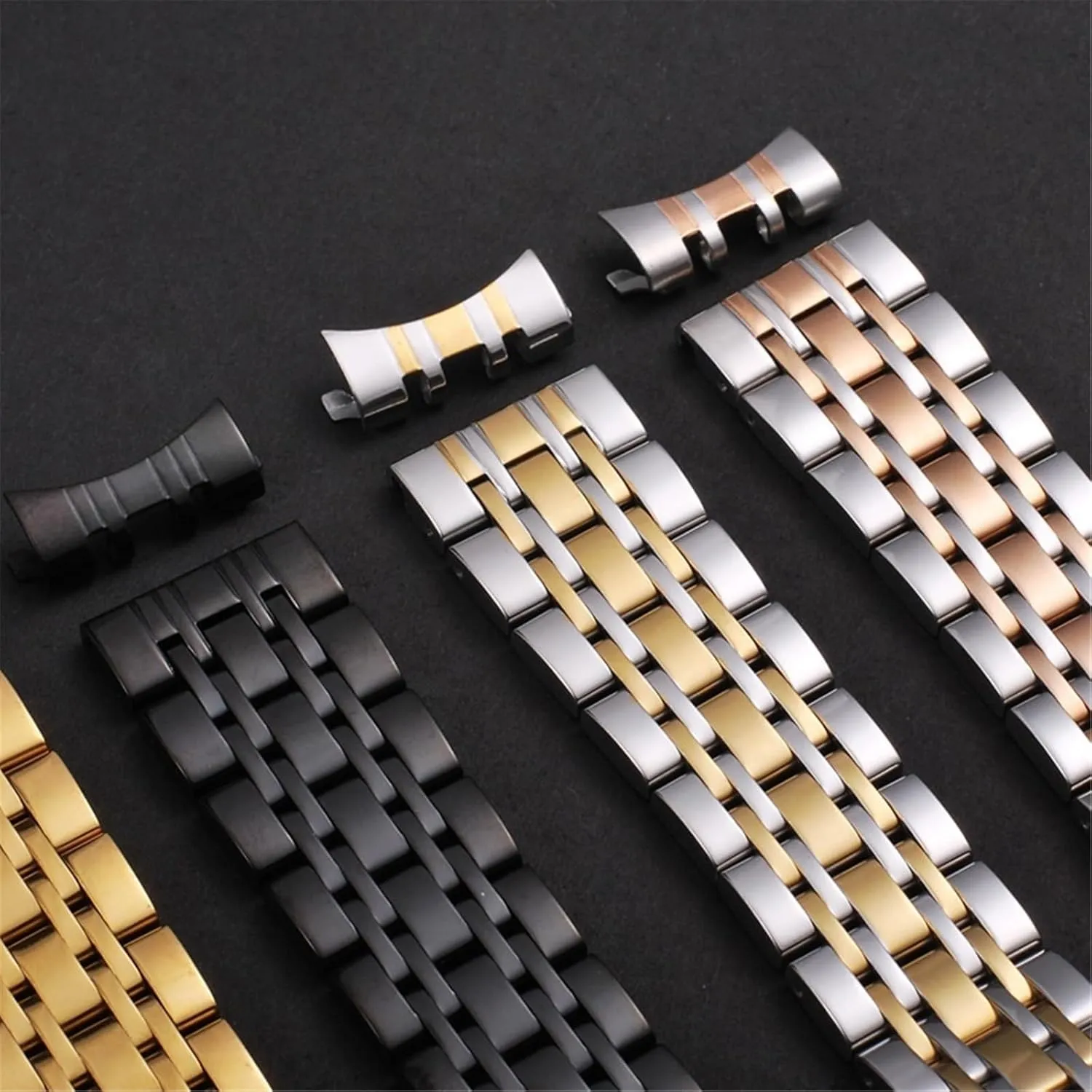 Stainless Steel Strap Silver Black 18mm 20mm Metal Folding Buckle Strap Men Women Watch Bracelet Suitable for Quartz Watch Smart Watch