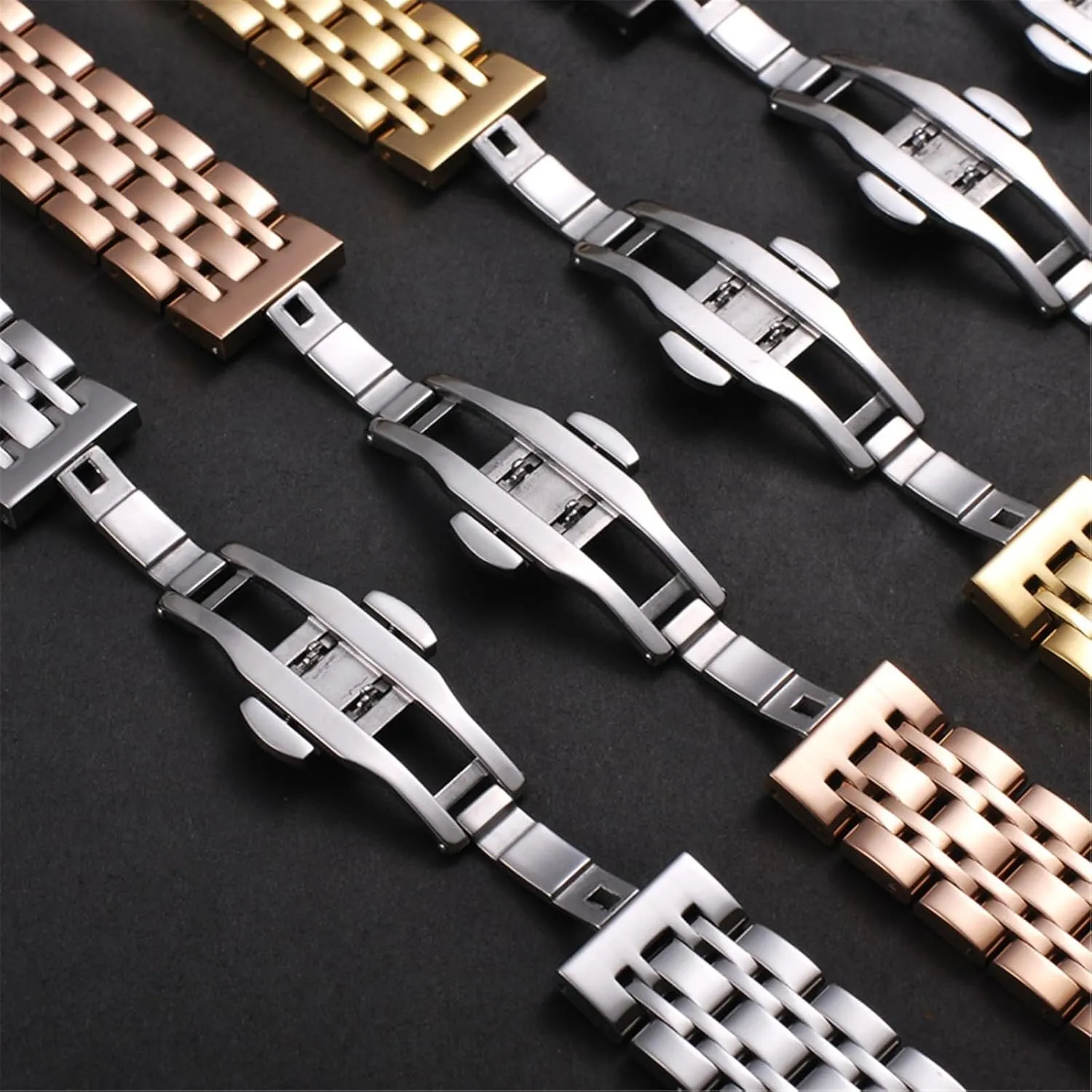 Stainless Steel Strap Silver Black 18mm 20mm Metal Folding Buckle Strap Men Women Watch Bracelet Suitable for Quartz Watch Smart Watch
