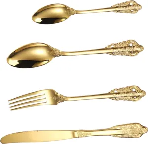 Stainless Steel Tableware Set Vintage Embossed Forks Spoons Cutlery Silverware Serving