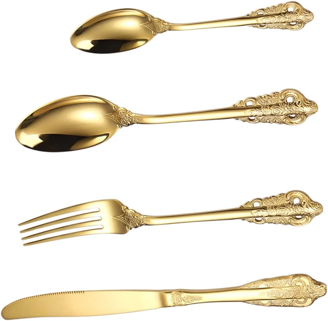 Stainless Steel Tableware Set Vintage Embossed Forks Spoons Cutlery Silverware Serving