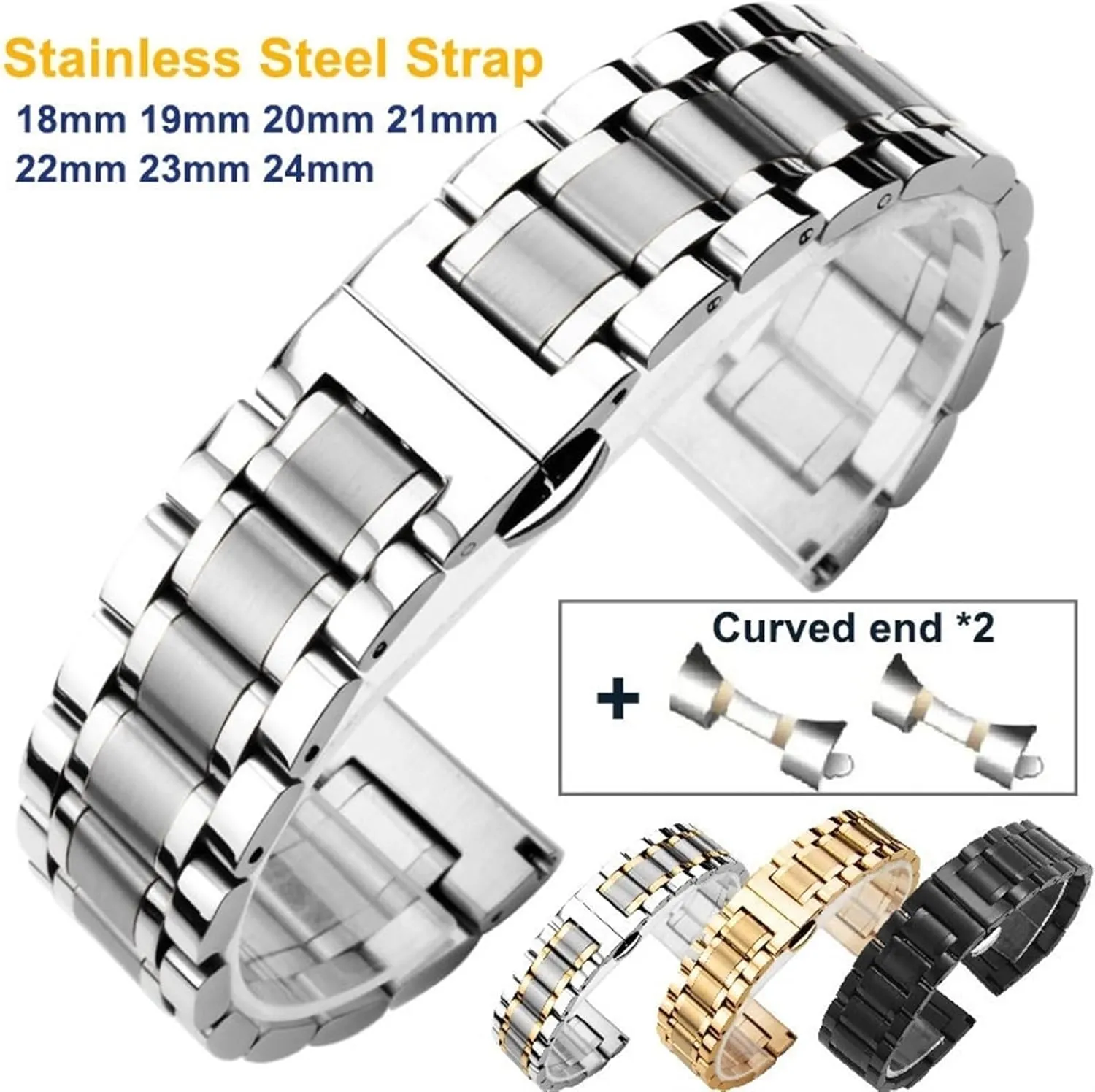 Stainless Steel Watch Band 16 18 20 22 24mm Universal Watch Strap