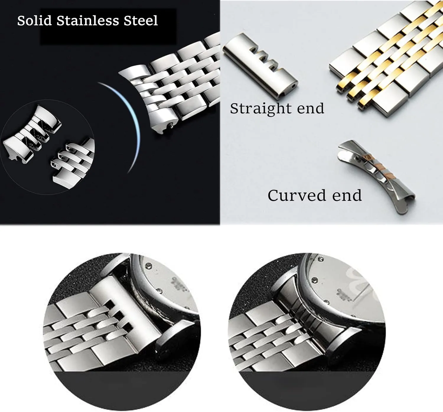 Stainless Steel Watch Band Straight & Curved End 14mm 16mm 18mm 19mm 20mm 21mm 22mm 23mm 24mm Premium Polished Metal Watch Band Bracelet Universal Smartwatch Replacement Strap Men Women