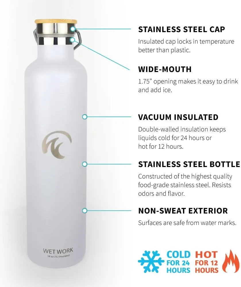 Stainless Steel Water Bottle for Hot and Cold Drinks - Double Wall Insulated Thermos for Water, Soda, Coffee, Tea with Wide Mouth, Metal Handle, Bamboo Top - Great for Travel, Hiking, Camping