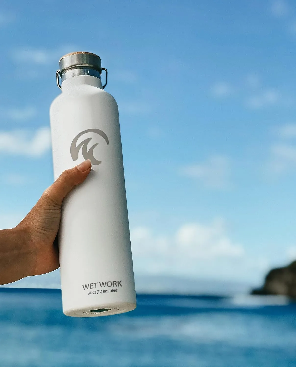 Stainless Steel Water Bottle for Hot and Cold Drinks - Double Wall Insulated Thermos for Water, Soda, Coffee, Tea with Wide Mouth, Metal Handle, Bamboo Top - Great for Travel, Hiking, Camping