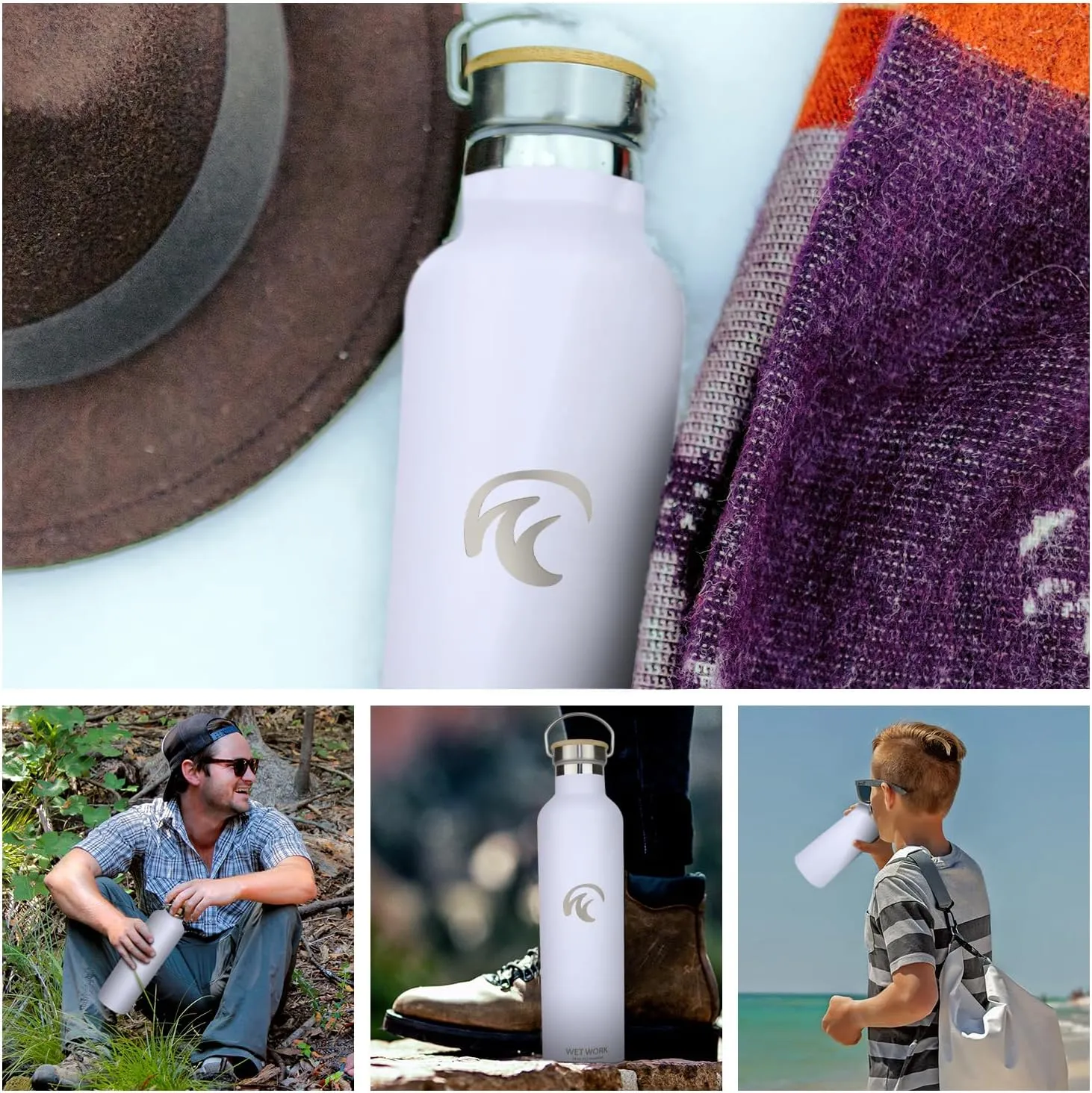 Stainless Steel Water Bottle for Hot and Cold Drinks - Double Wall Insulated Thermos for Water, Soda, Coffee, Tea with Wide Mouth, Metal Handle, Bamboo Top - Great for Travel, Hiking, Camping