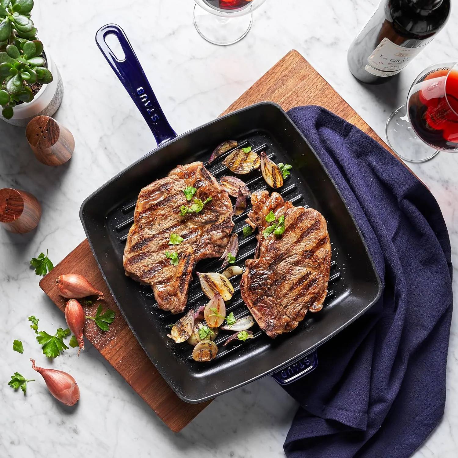 Staub Cast Iron 12-inch Square Grill Pan - Dark Blue, Made in France