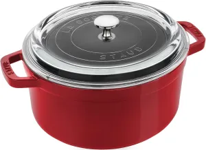 Staub Cast Iron Dutch Oven 4-qt Round Cocotte with Glass Lid, Made in France, Serves 3-4, Cherry