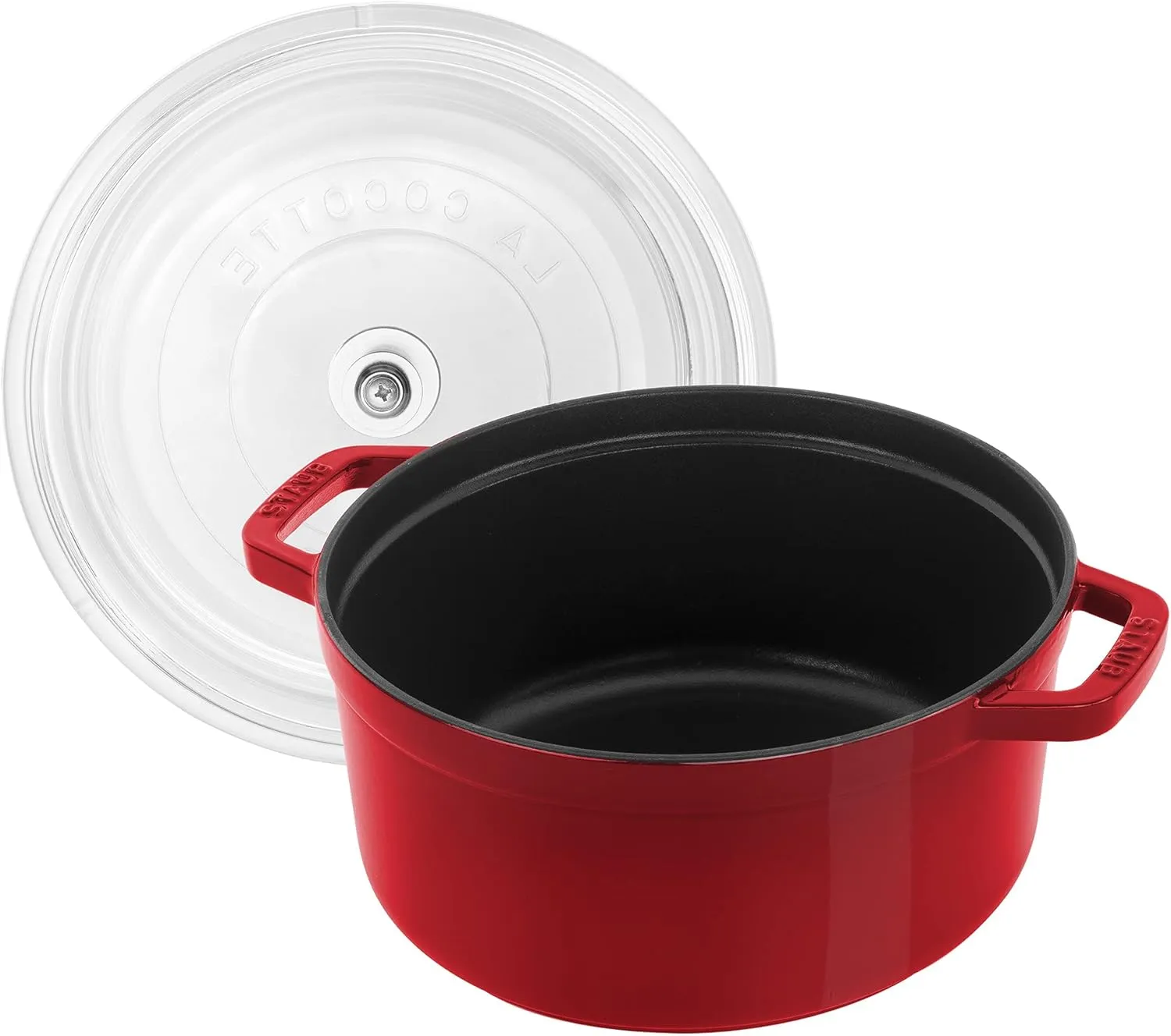 Staub Cast Iron Dutch Oven 4-qt Round Cocotte with Glass Lid, Made in France, Serves 3-4, Cherry