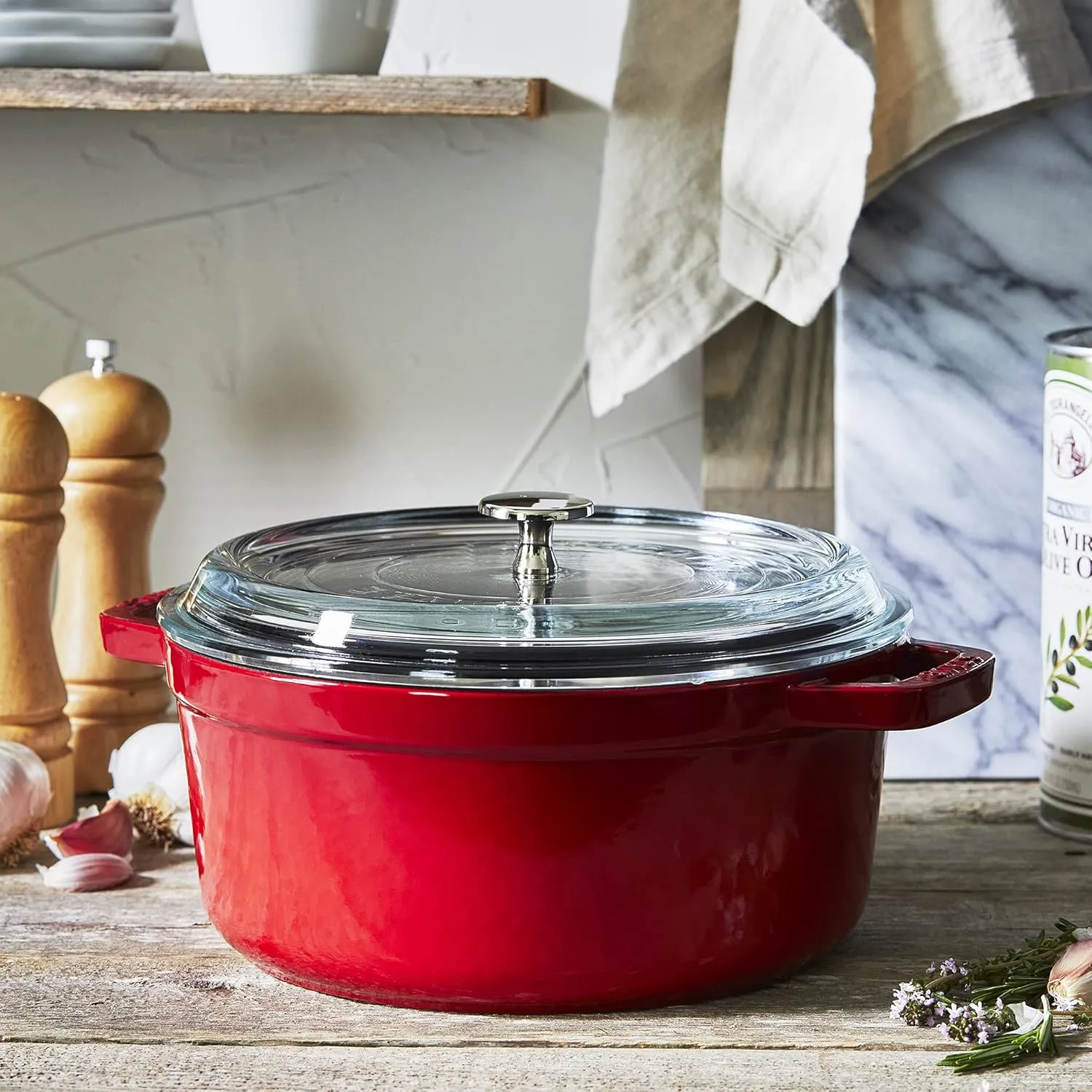 Staub Cast Iron Dutch Oven 4-qt Round Cocotte with Glass Lid, Made in France, Serves 3-4, Cherry
