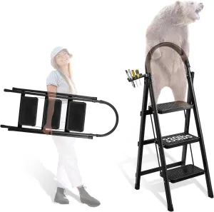 Step Ladder 3 Step Folding, Mjkeomo Portable Step Stool Foldable 3 Step Ladder Folding Step Stool with Handrails, Max 330lbs Load Capacity Lightweight Folding Ladders for Home Christmas Tree Decor