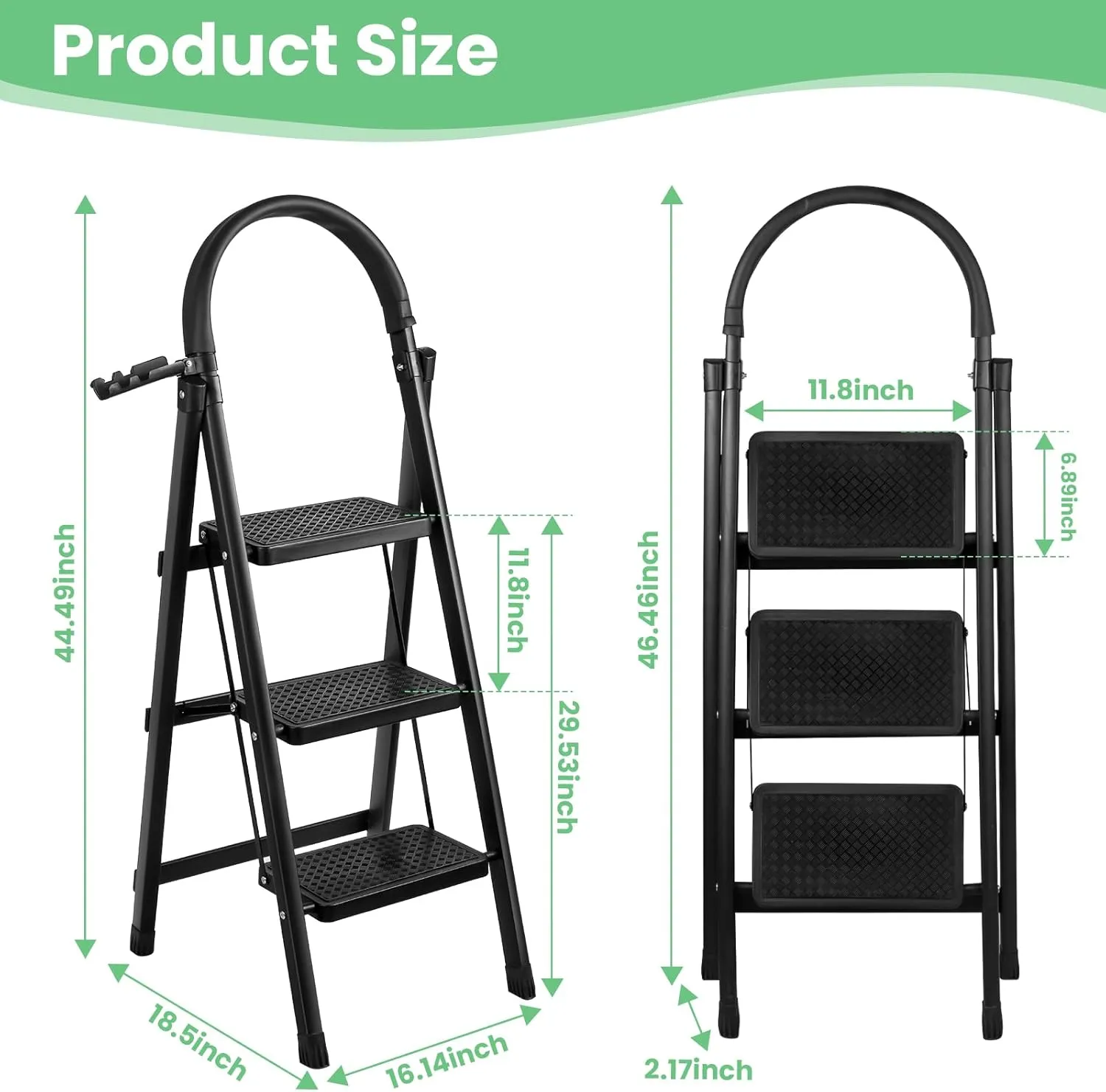 Step Ladder 3 Step Folding, Mjkeomo Portable Step Stool Foldable 3 Step Ladder Folding Step Stool with Handrails, Max 330lbs Load Capacity Lightweight Folding Ladders for Home Christmas Tree Decor
