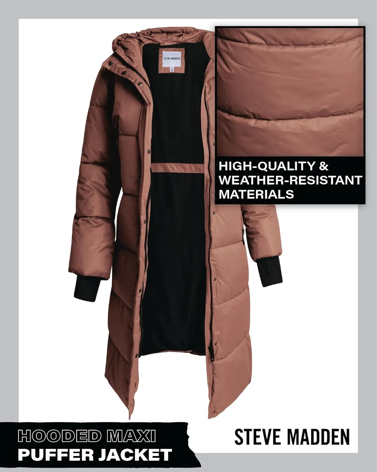 Steve Madden Women's Maxi Puffer Jacket - Heavyweight Insulated Long Winter Coat with Hood and Weatherproof Zippers (S-XL)