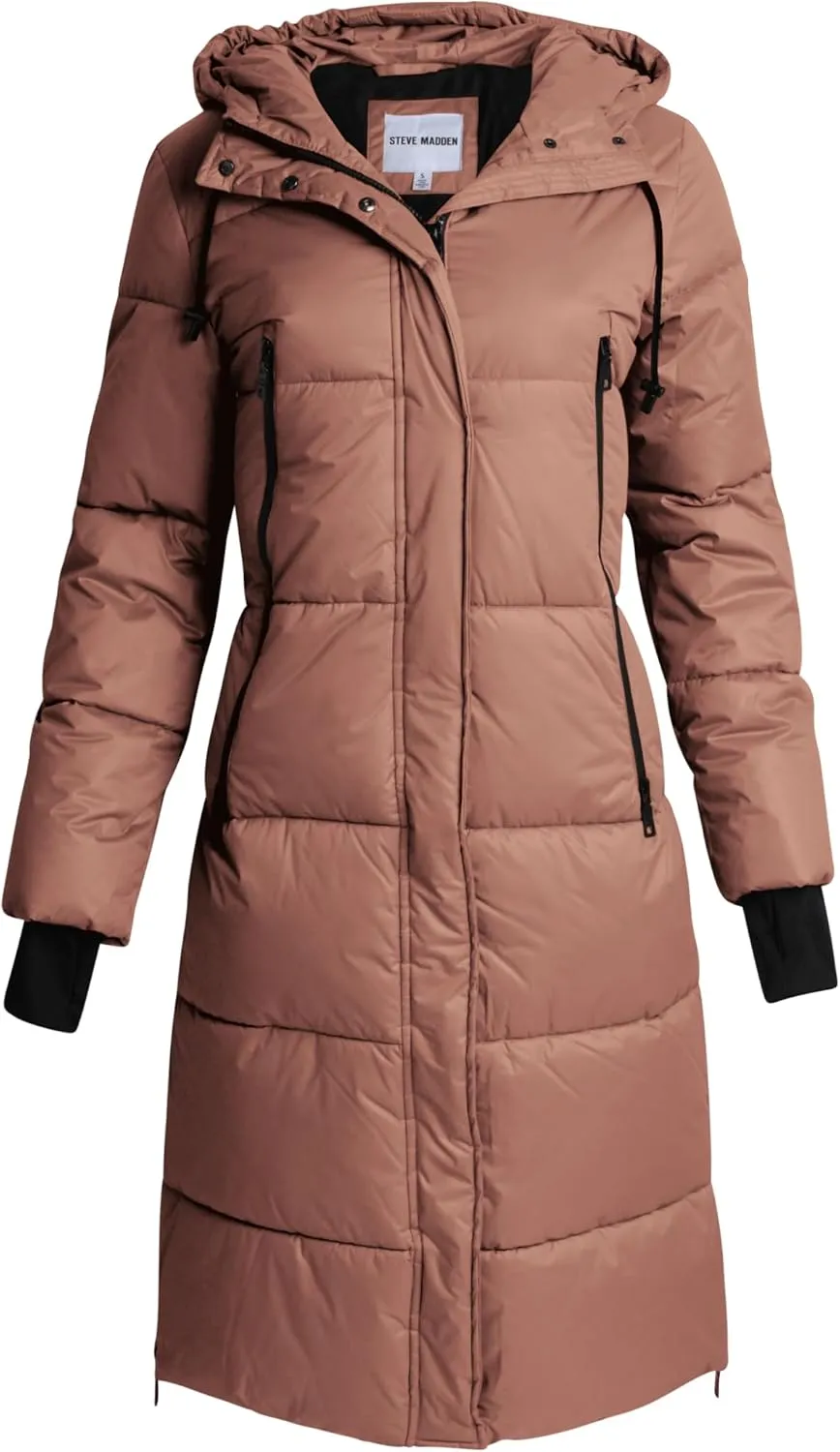Steve Madden Women's Maxi Puffer Jacket - Heavyweight Insulated Long Winter Coat with Hood and Weatherproof Zippers (S-XL)