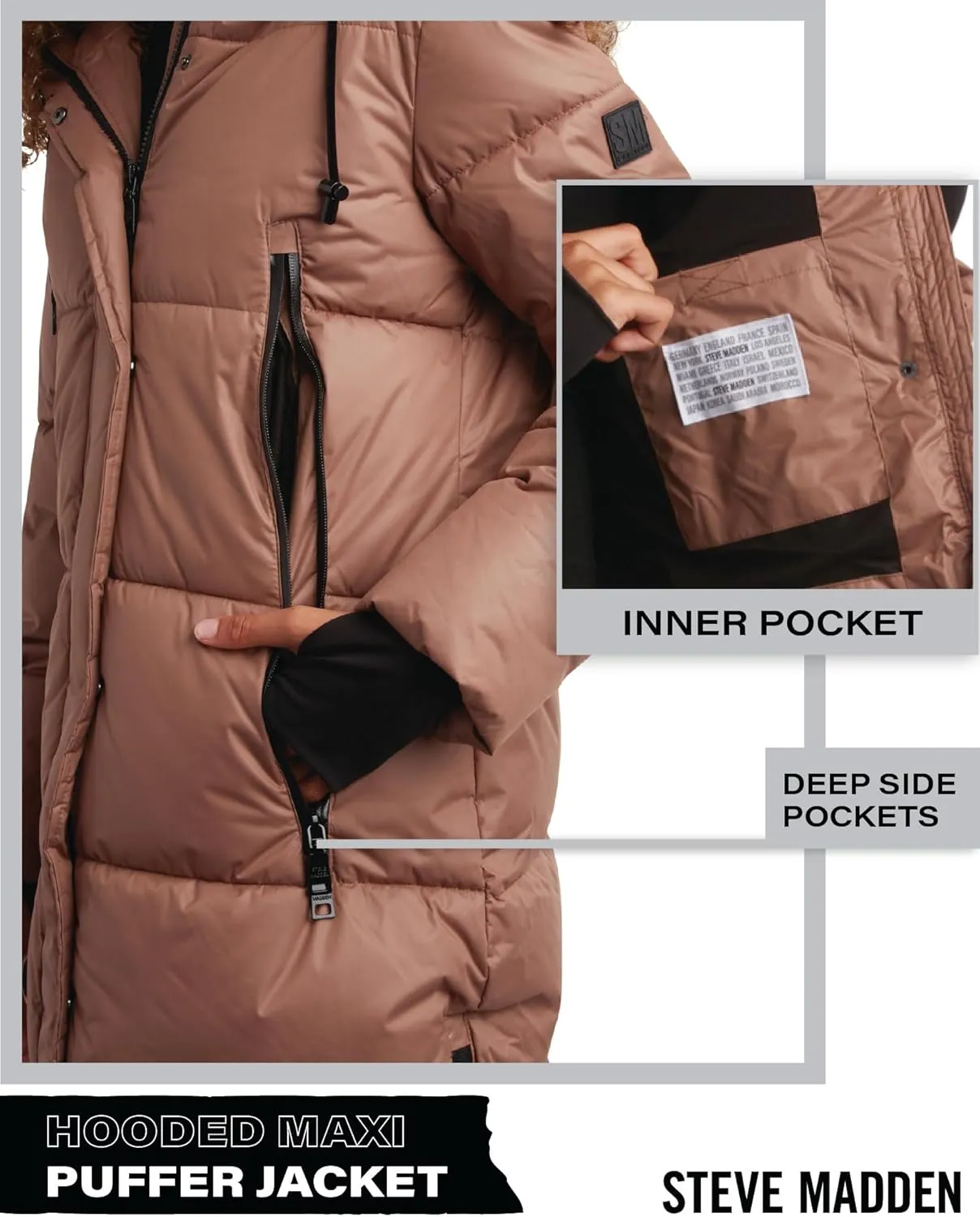 Steve Madden Women's Maxi Puffer Jacket - Heavyweight Insulated Long Winter Coat with Hood and Weatherproof Zippers (S-XL)