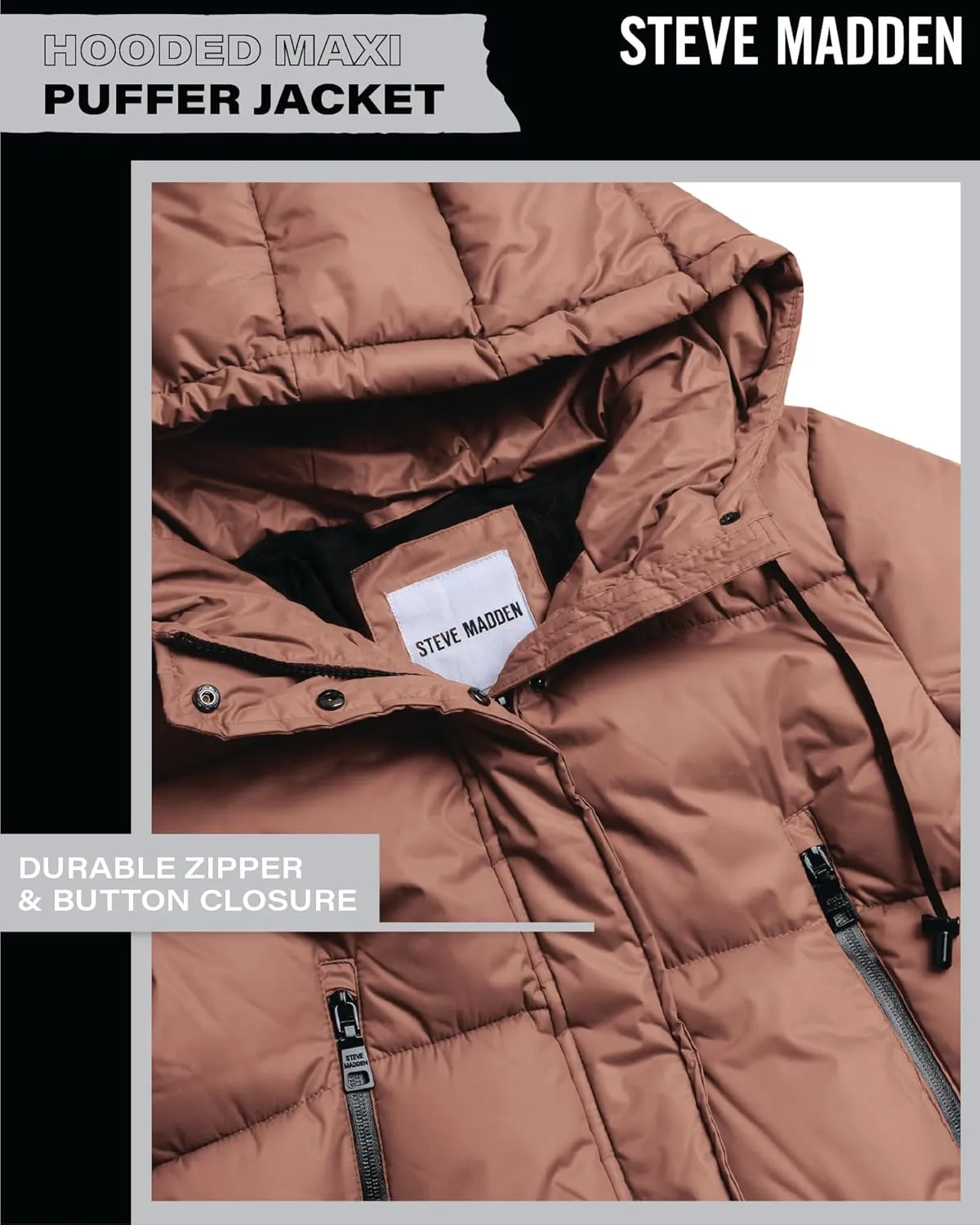 Steve Madden Women's Maxi Puffer Jacket - Heavyweight Insulated Long Winter Coat with Hood and Weatherproof Zippers (S-XL)