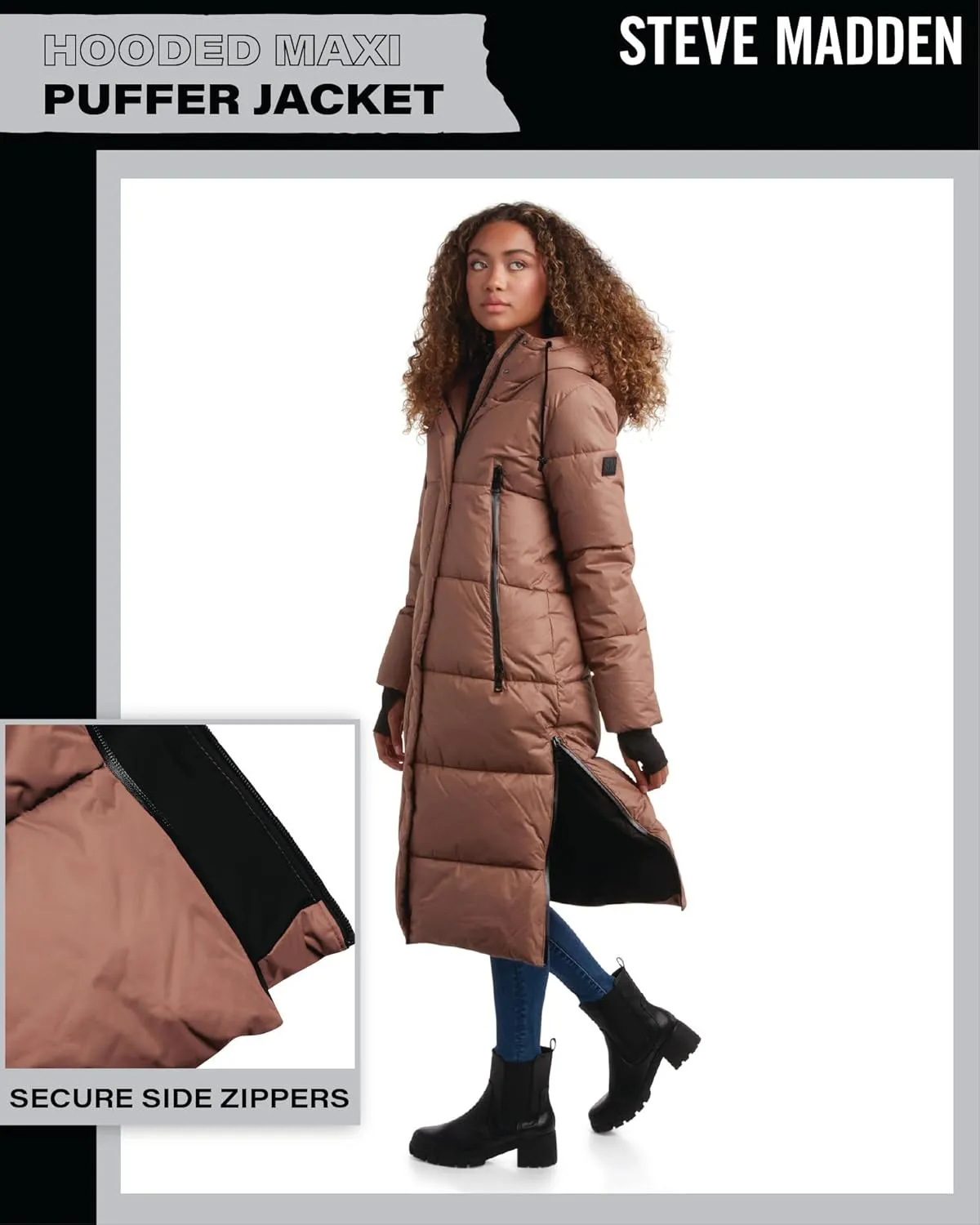 Steve Madden Women's Maxi Puffer Jacket - Heavyweight Insulated Long Winter Coat with Hood and Weatherproof Zippers (S-XL)