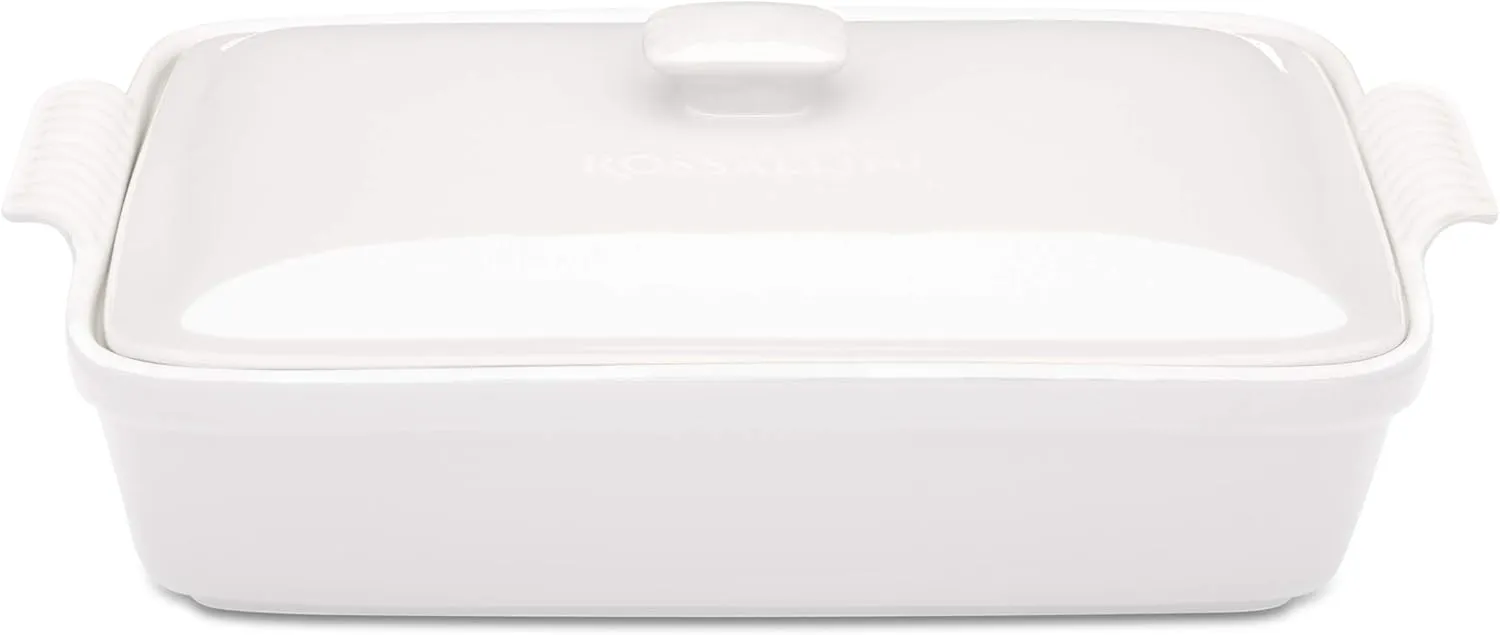 Stoneware Casserole Dish Bakeware Set with Lid, Covered Rectangular Dinnerware, Large 3.2 Quart, 11 by 9 Inch, Bianco [White]