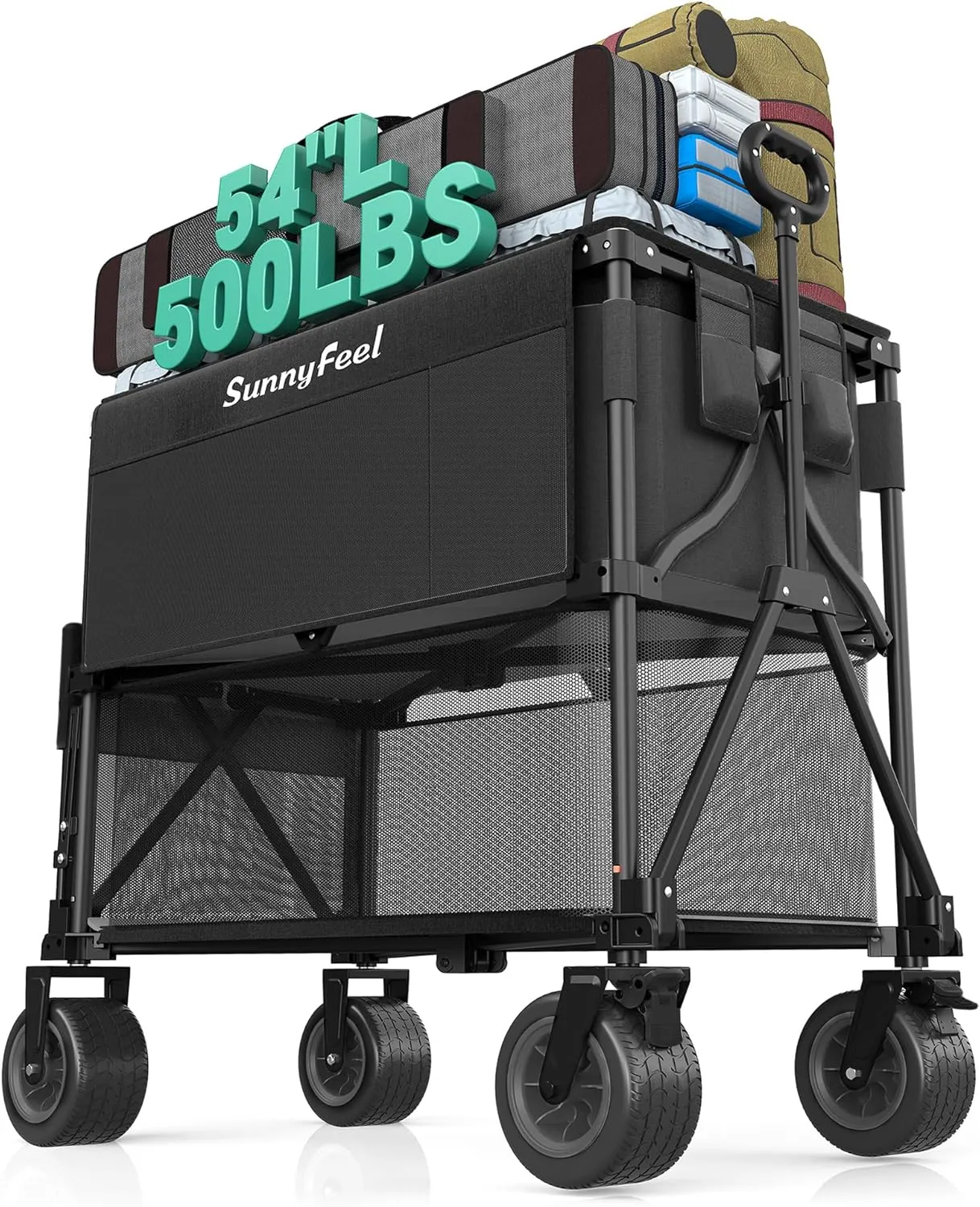 SunnyFeel Double Decker Wagon, Collapsible Outdoor Utility Wagon Cart 500LB Capacity Adjustable Handlebar,Foldable Wheels Stable Durable Oxford Fabric for Shopping Garden Camping (Black, Double Deck)